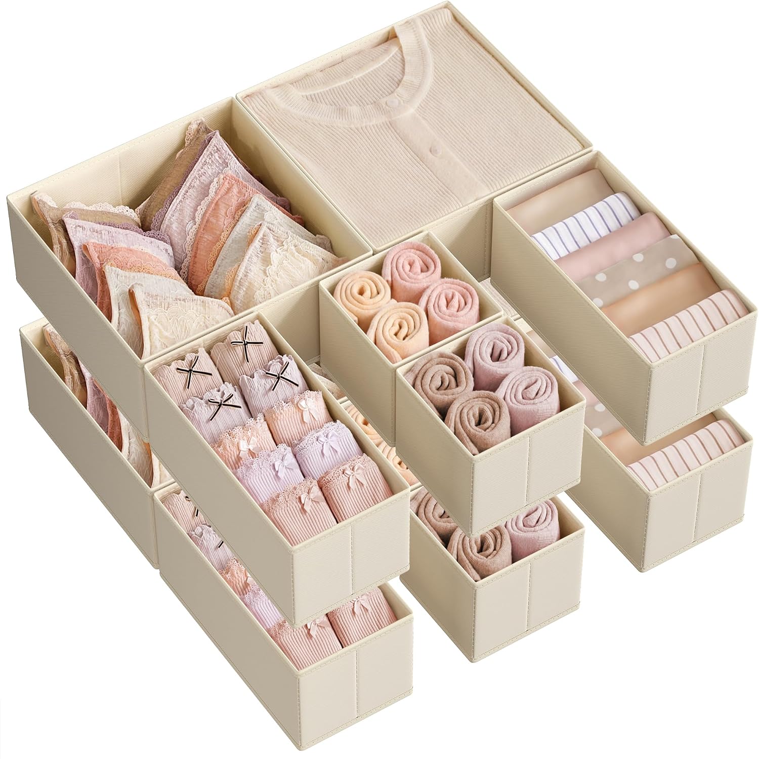 Detalle de SONGMICS Aufbewahrungsbox für Schublade – 12er Set, Faltboxen aus Stoff RDZ006Y02 (sandbeige)