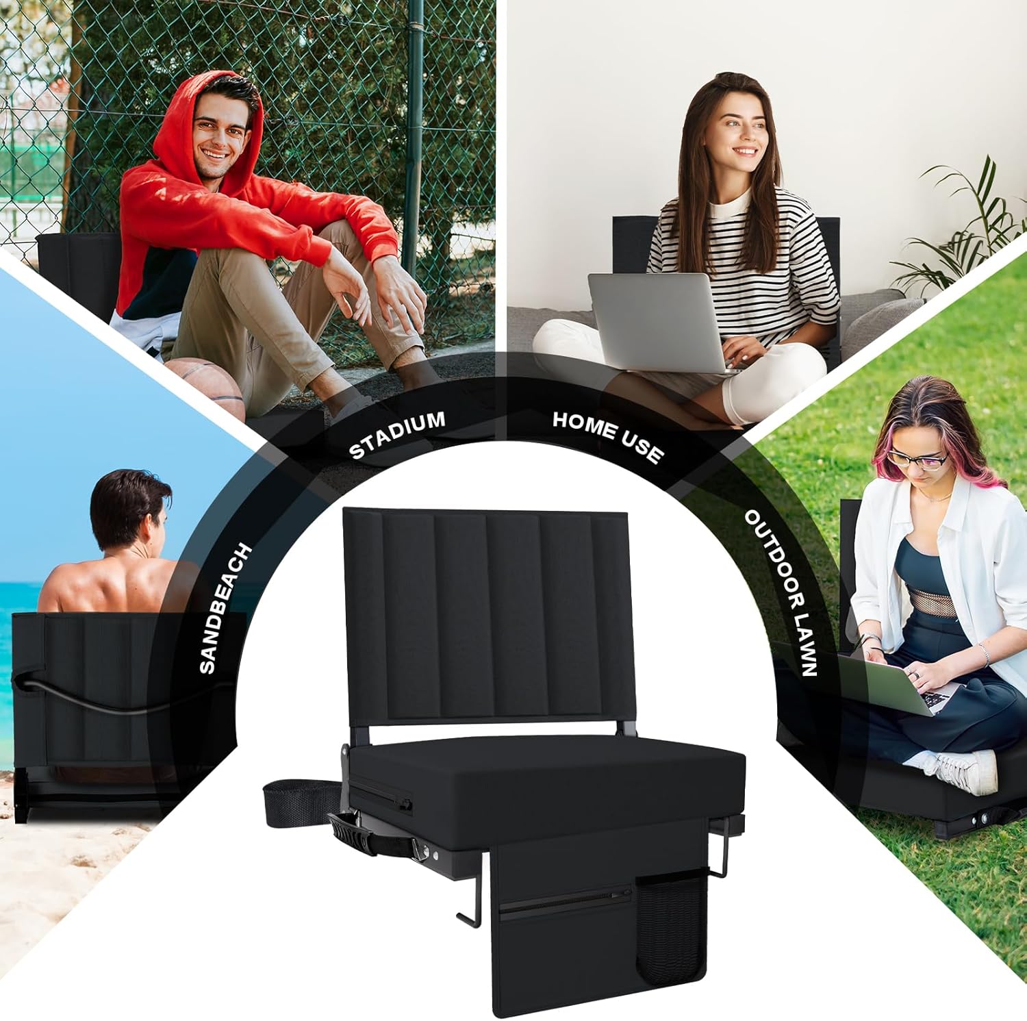 Thumbnail 5 de Aliphon Stadium Seat for Bleachers (2-Pack) with Back Support, Cushion, Cup Holder & Shoulder Strap, Black