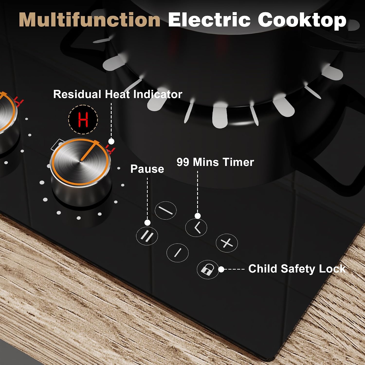 Detalle 1 de Karinear 12-Inch 2-Burner Electric Cooktop, 110–120V Plug-In, Glass-Ceramic