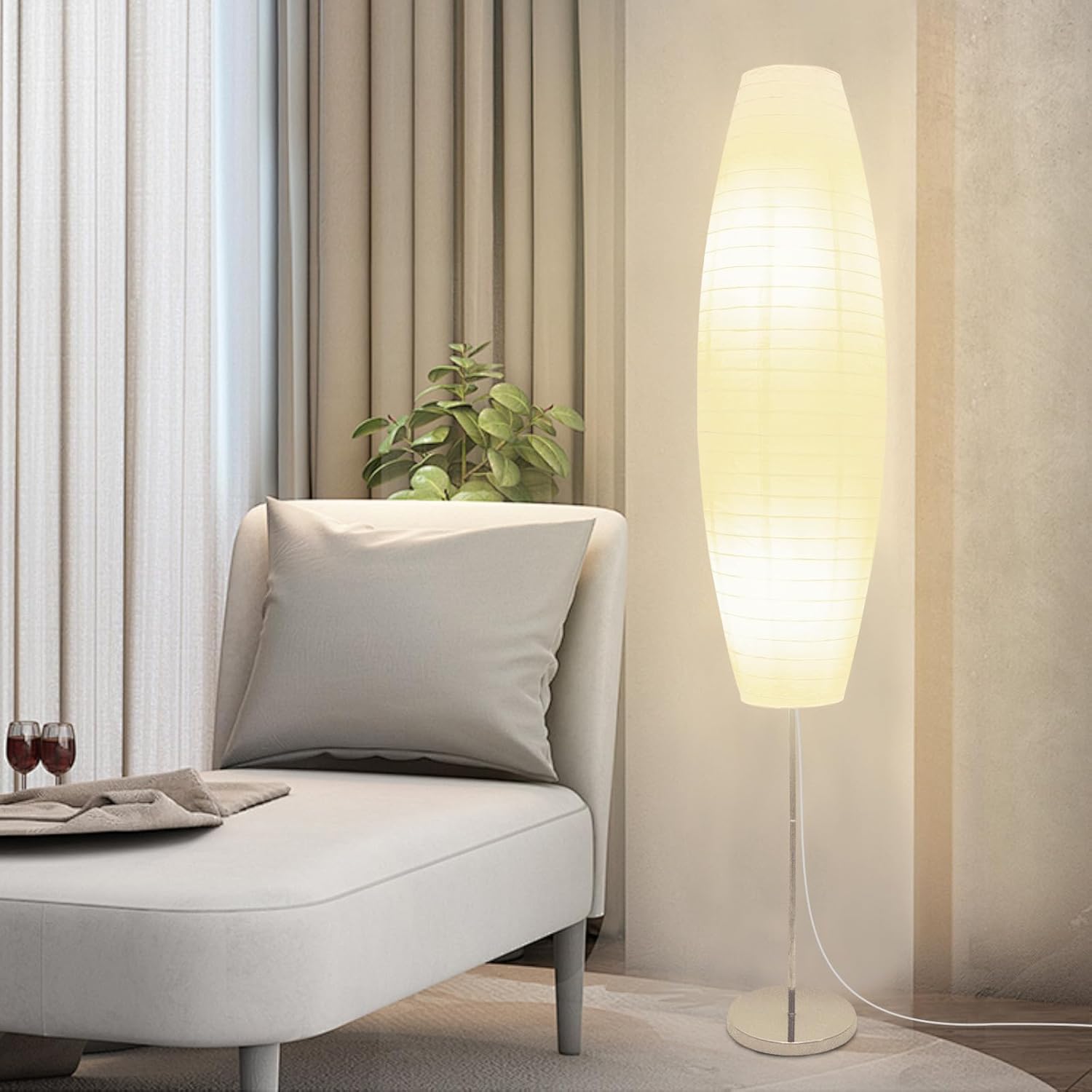 Detalle de Lianheng Paper Floor Lamp, Rice Paper Oval Lamp – Beige