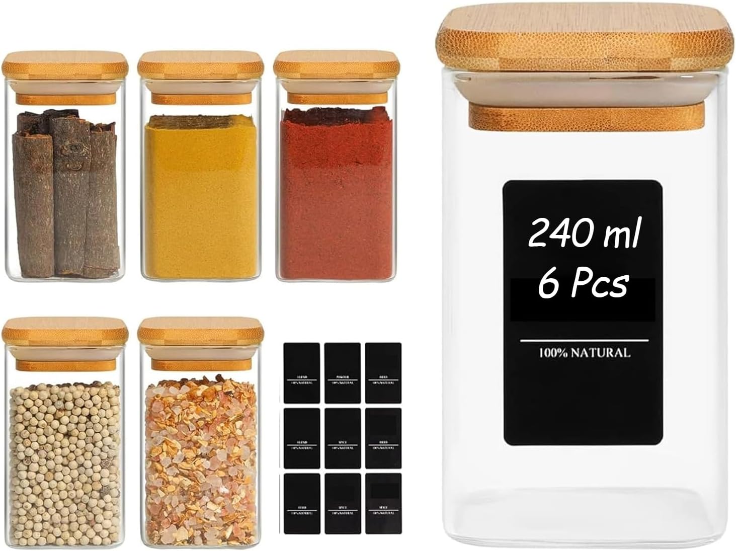 Detalle de ComSaf Square/8oz/6pcs kruidenpotjes van glas, 240 ml, met bamboedeksels