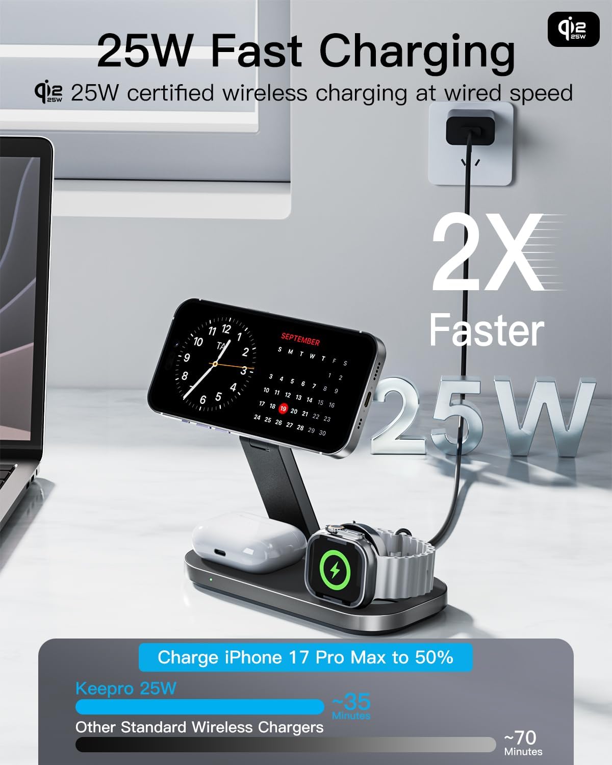 Thumbnail 1 de KEEPRO 3-in-1 Qi2 25W Magnetic Wireless Charging Station for MagSafe iPhone, Apple Watch & AirPods