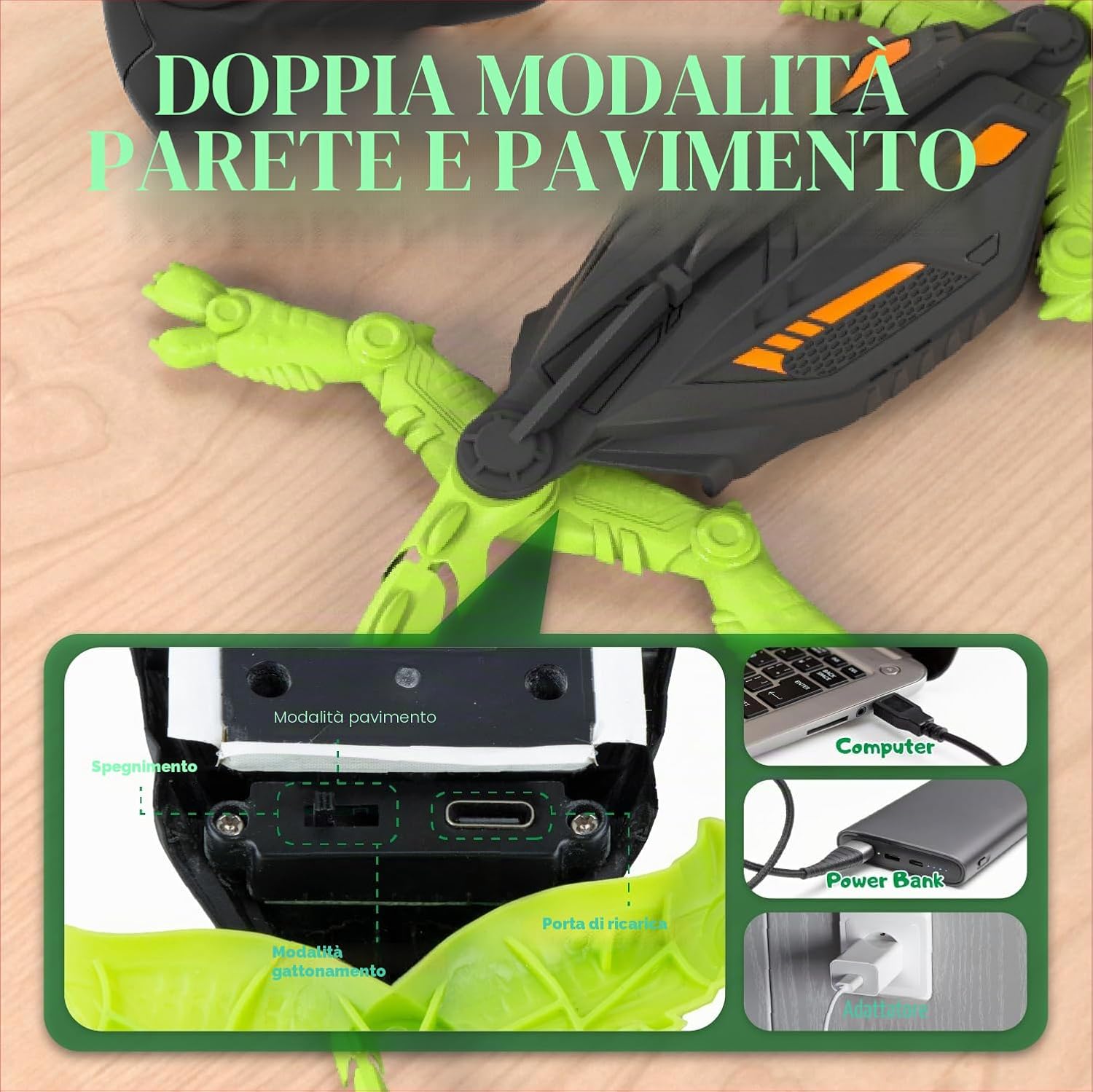 Thumbnail 3 de snookids Gecko Ragno Robotico: robot giocattolo arrampicatore con luci LED e telecomando