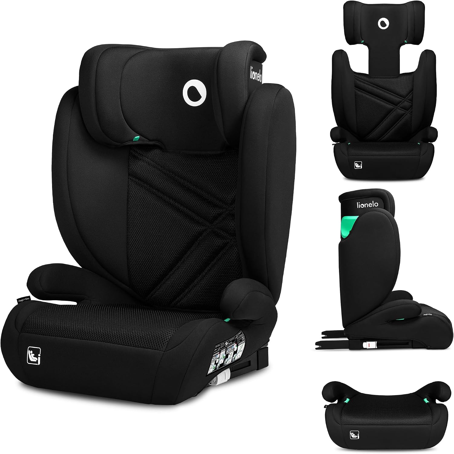 LIONELO Hugo i-Size Rehausseur Voiture Enfant G2/3, 100–150 cm, ISOFIX, Memory Foam, réhausseur avec appui-tête réglable et protection latérale