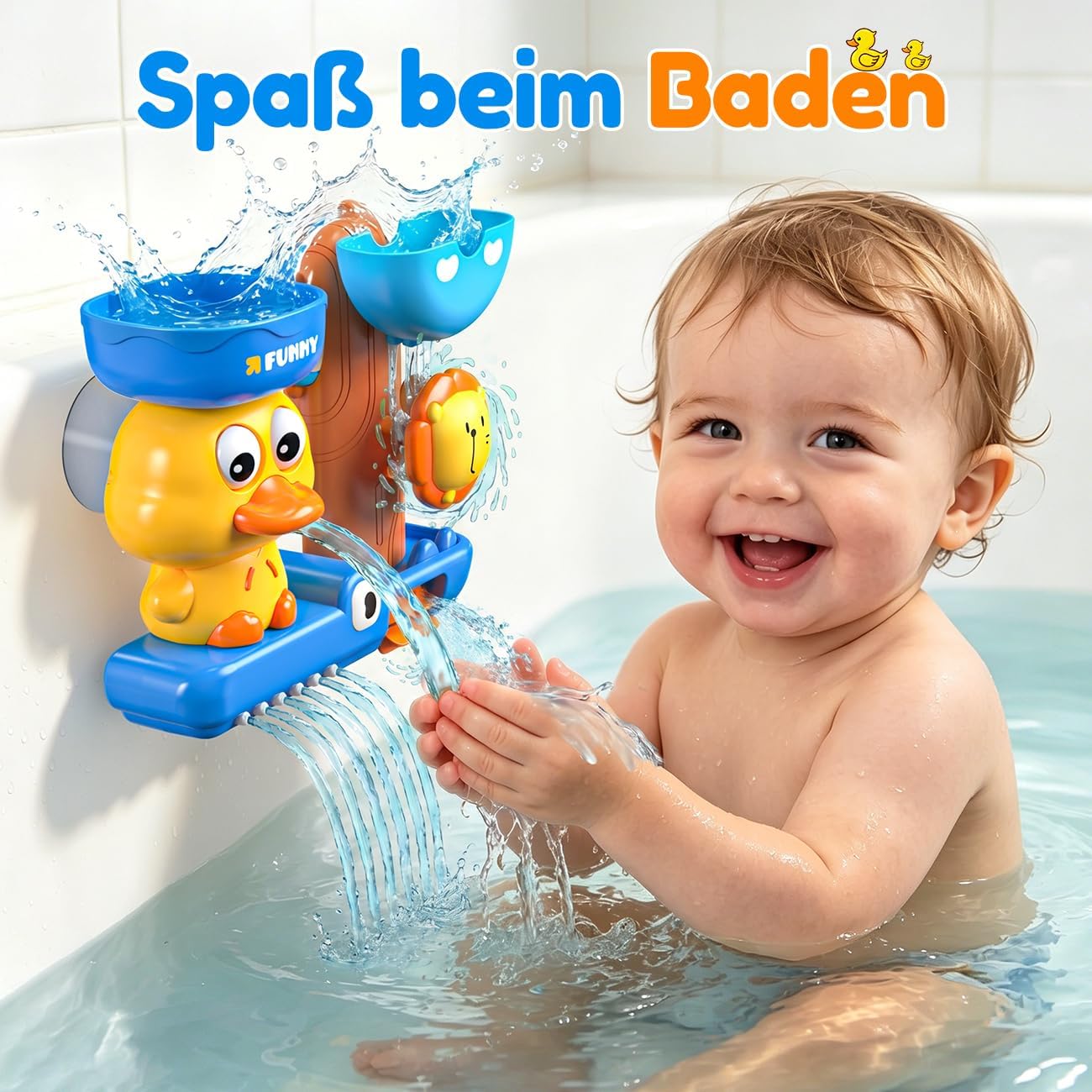 Detalle de Badespielzeug ab 1-3 Jahren für Jungen – Wasserfluss- und Sprüheffekte, Badeente + Löffel