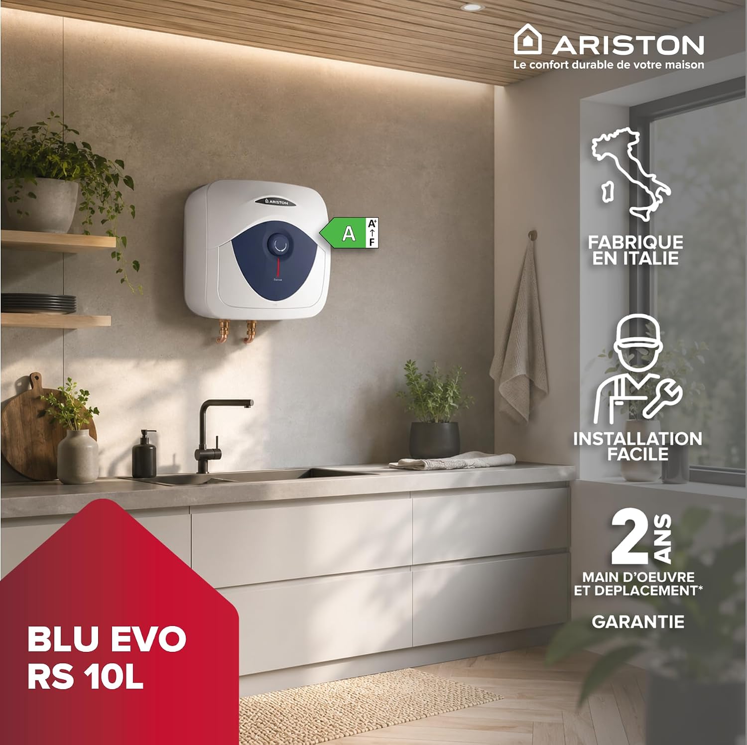 Detalle de Ariston Blu Evo RS – Chauffe-eau électrique sur évier, 10 litres, compact et facile à utiliser