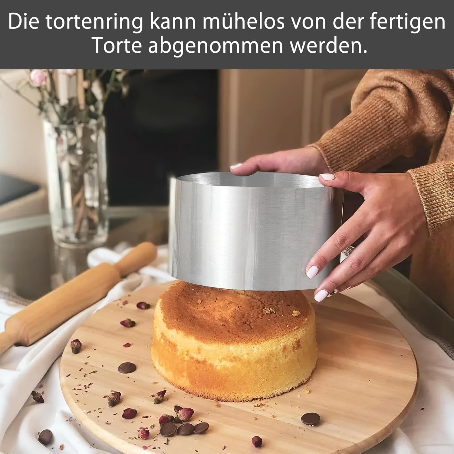 Detalle 2 de WOKICOR Verstellbarer Tortenring 16–30 cm, 8,5 cm Hoch, Rostfreier Edelstahl – Stabiler Backrahmen für Schichttorten