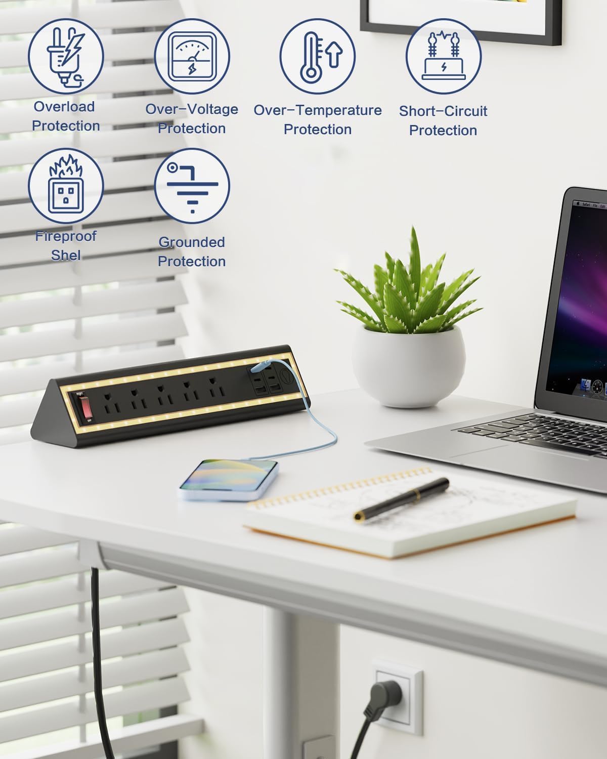 Detalle de NYYTGE Desk Clamp Power Strip with Nightlight, 5-Outlet 40W Fast Charging (6ft Cord) — Fits 1.69-Inch Table Edges