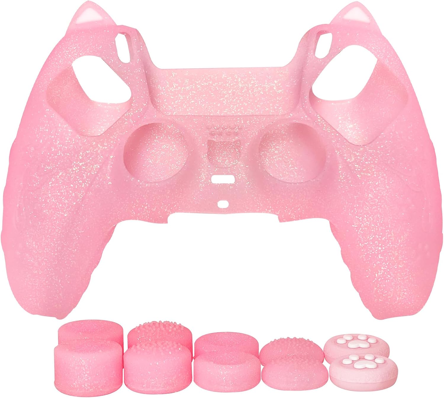 Detalle 2 de HLRAO Pink Cat Glitter Anti-Slip Silicone Controller Skin Grip Set for PS5 (8 thumb grips and 2 paw grips)