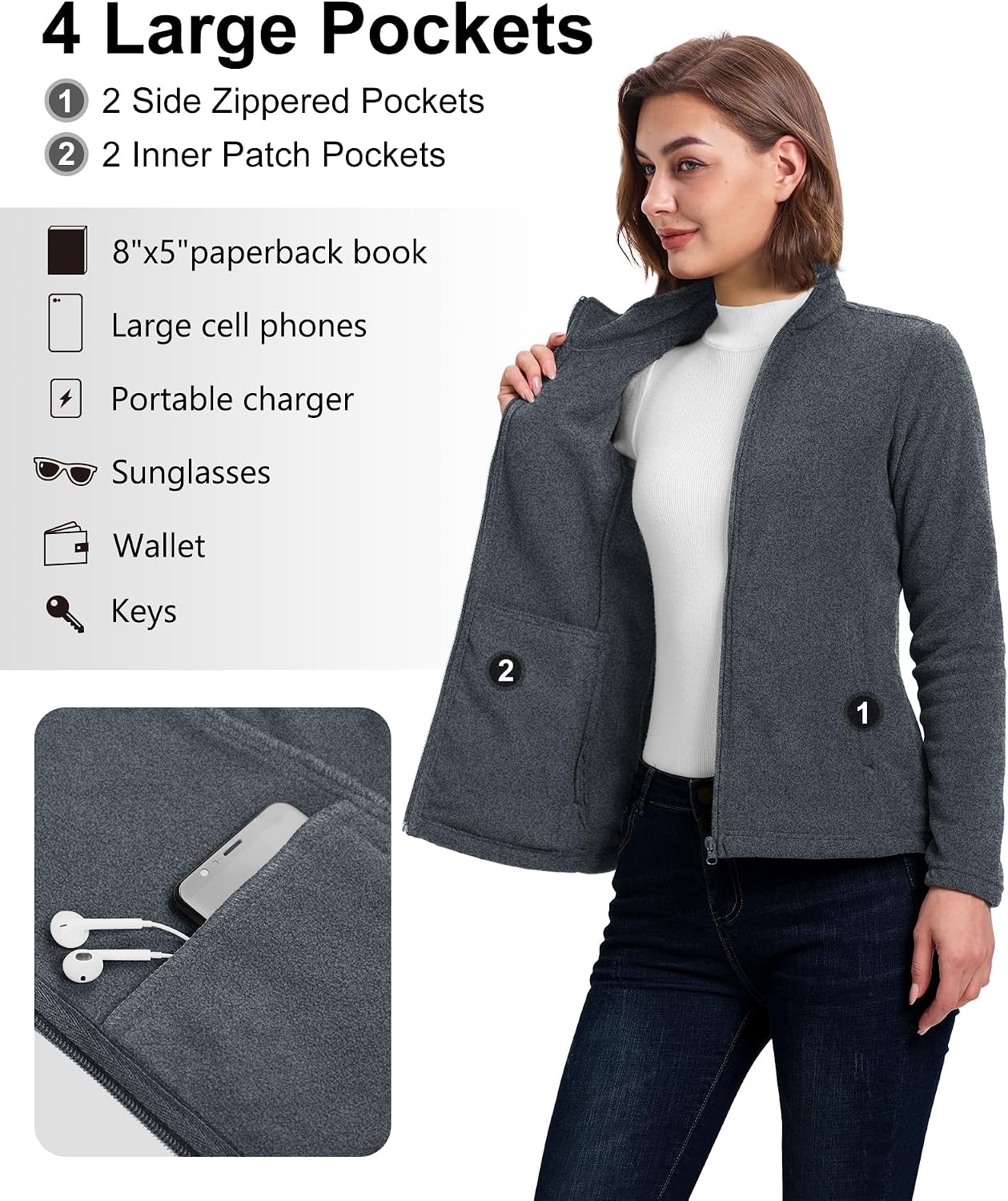 Thumbnail 2 de 33,000ft Women's Lightweight Fleece Jacket – Full Zip, Breathable Microfleece for Travel and Outdoor Wear