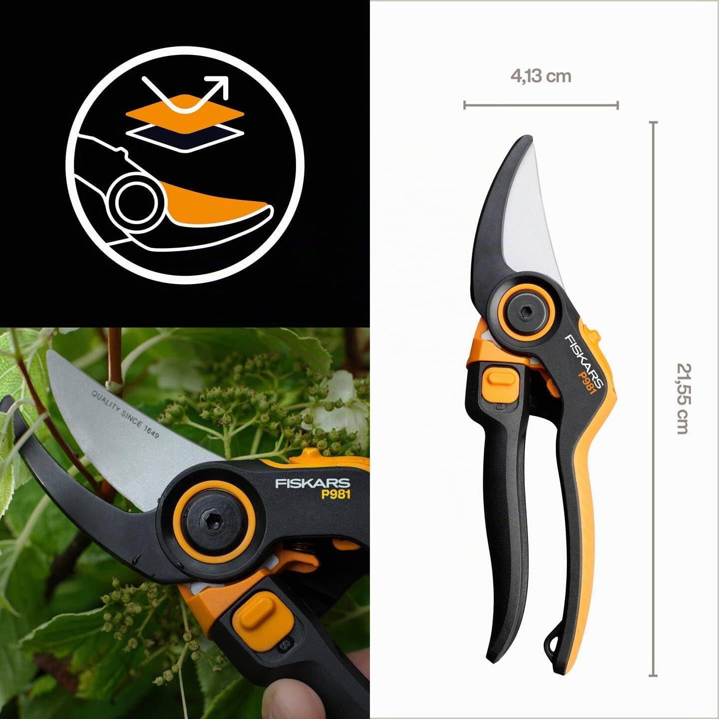 Detalle de Fiskars X-series DualAction P981 trädgårdssax med sidoskär och 2-i-1-läge