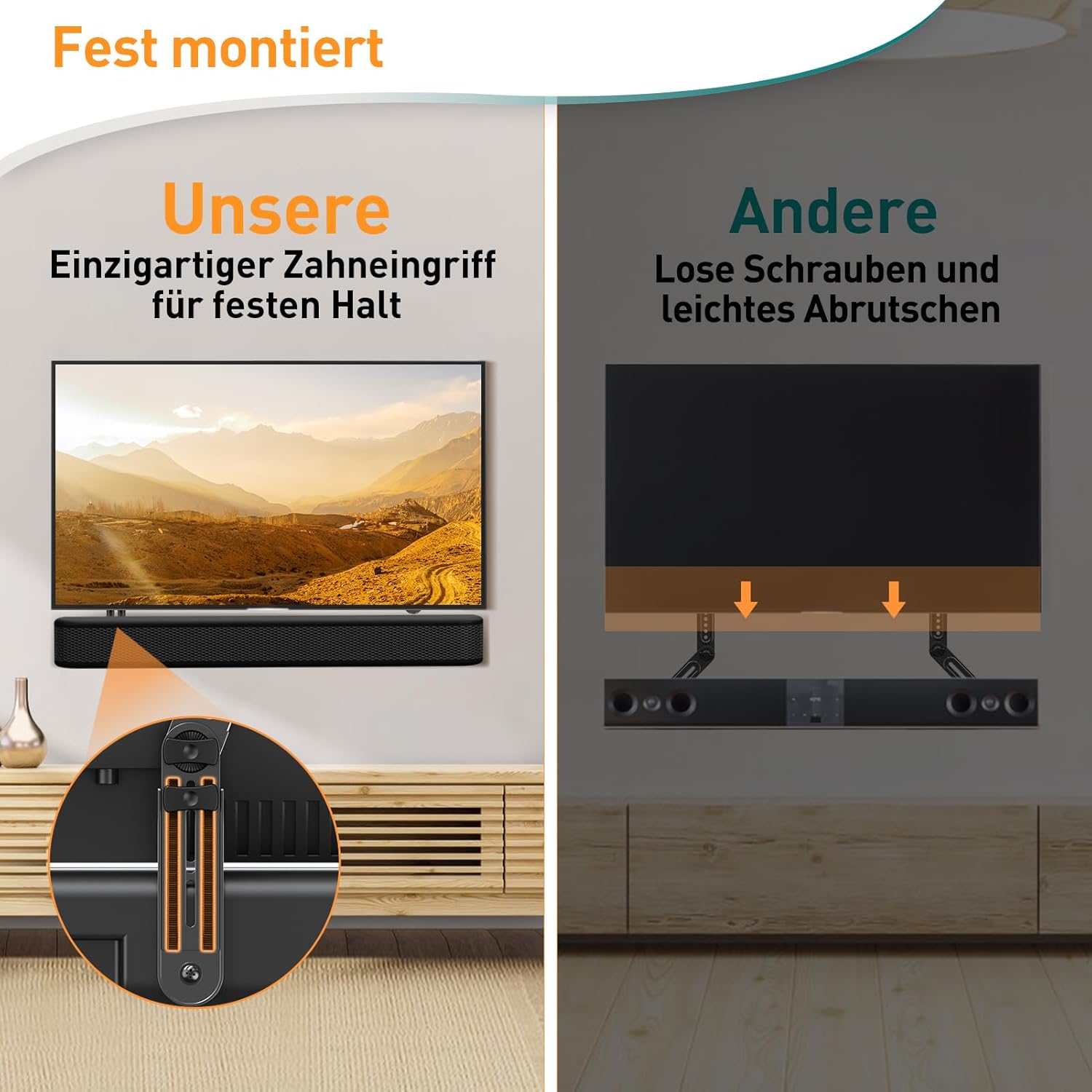 Detalle de ELIVED Soundbar-Halterung EV5010 bis 6,8 kg – werkzeuglos verstellbar, universal für TV-Wandmontage