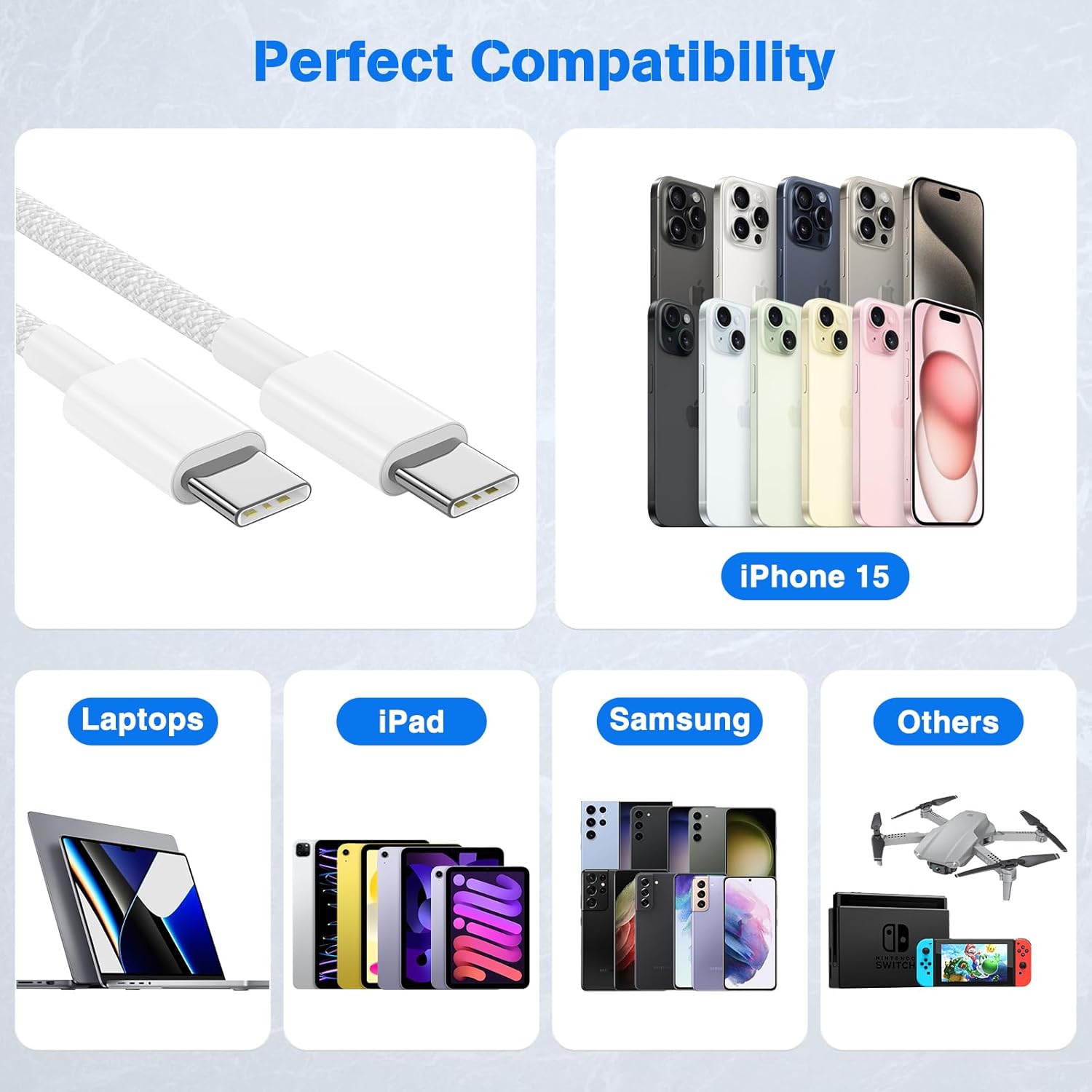 Thumbnail 6 de 3Pack USB-C to USB-C Braided Charging Cable (60W) for iPhone, iPad, MacBook, Samsung & AirPods — 3FT Multi-Color