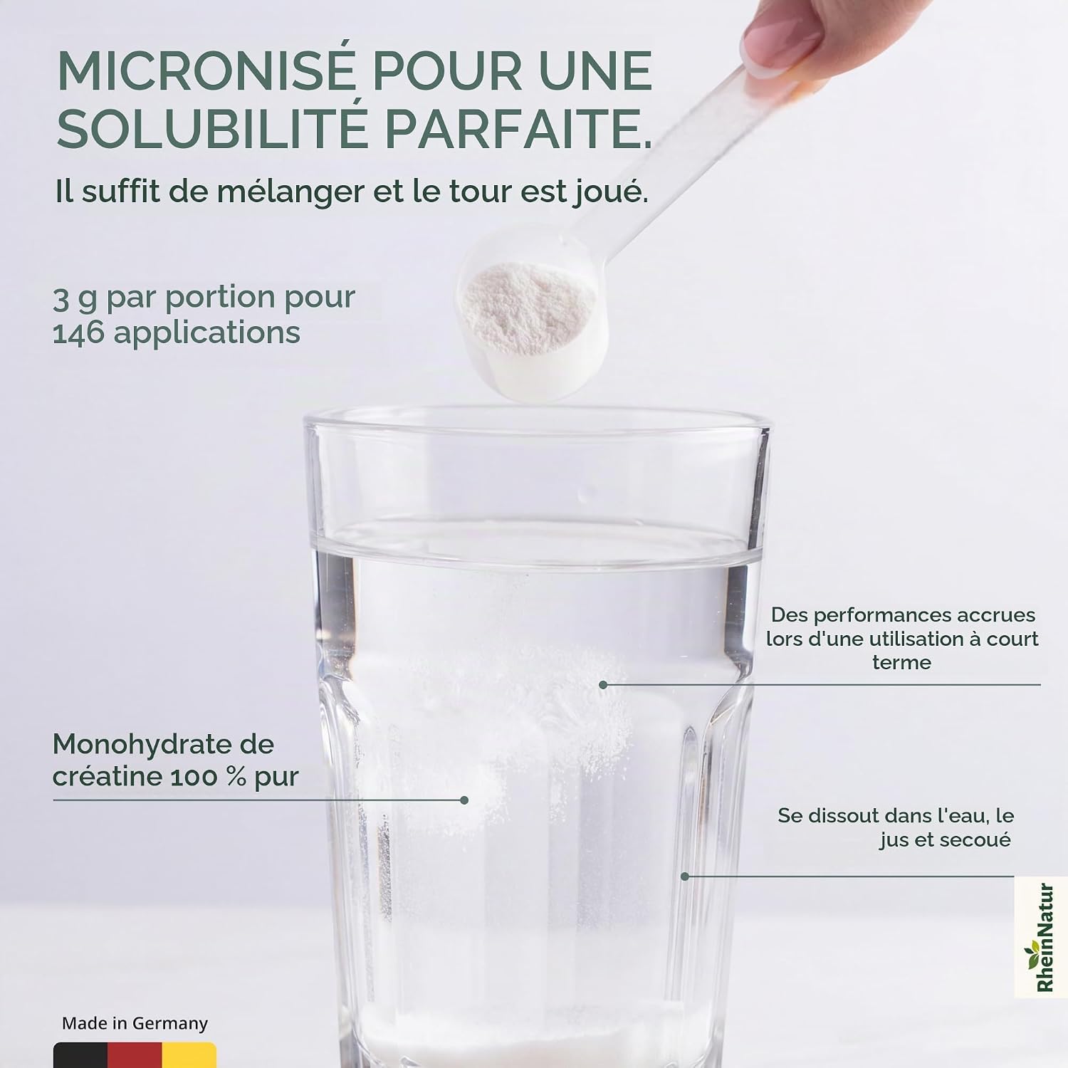 Detalle de RheinNatur RN-CREATIN-450G creatinemonohydraat, 450 g, gemicroniseerd en smaakloos