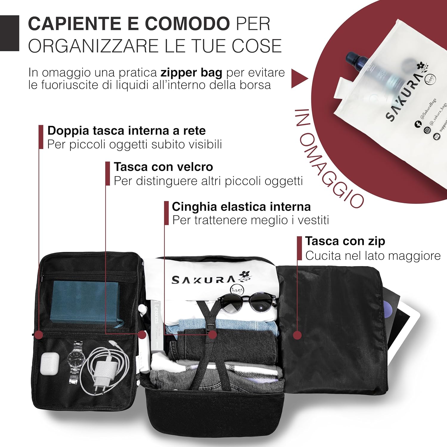 Thumbnail 4 de Sakura Bags Sàkura Borsa da Viaggio 40x20x25 compatibile standard Ryanair, WizzAir, Vueling (cabina/sottosedile)