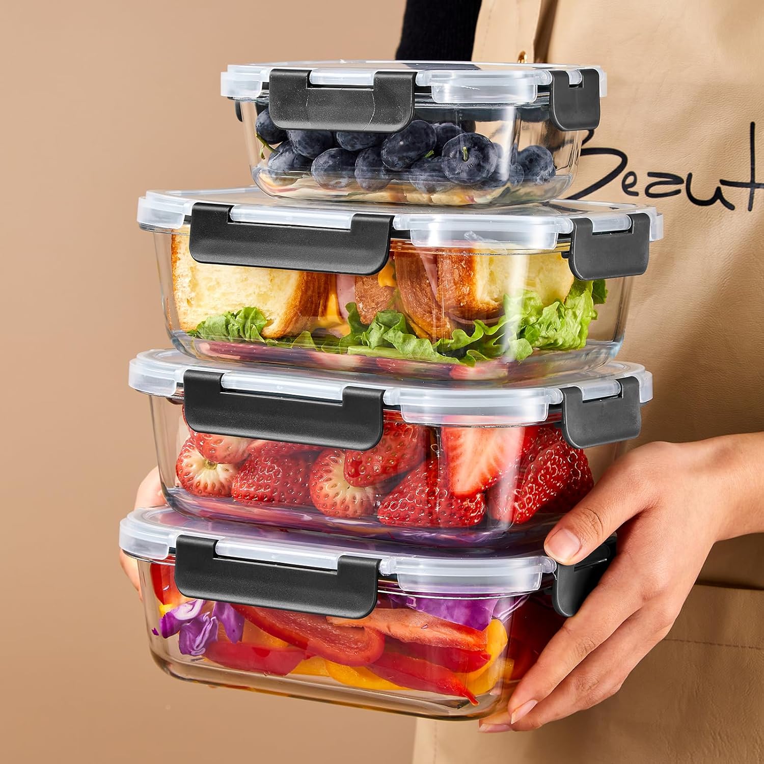 Detalle 2 de Liuruiyu 10 Pack Glass Food Storage Containers with Lids — Airtight, Oven/Microwave/Freezer/Dishwasher Safe