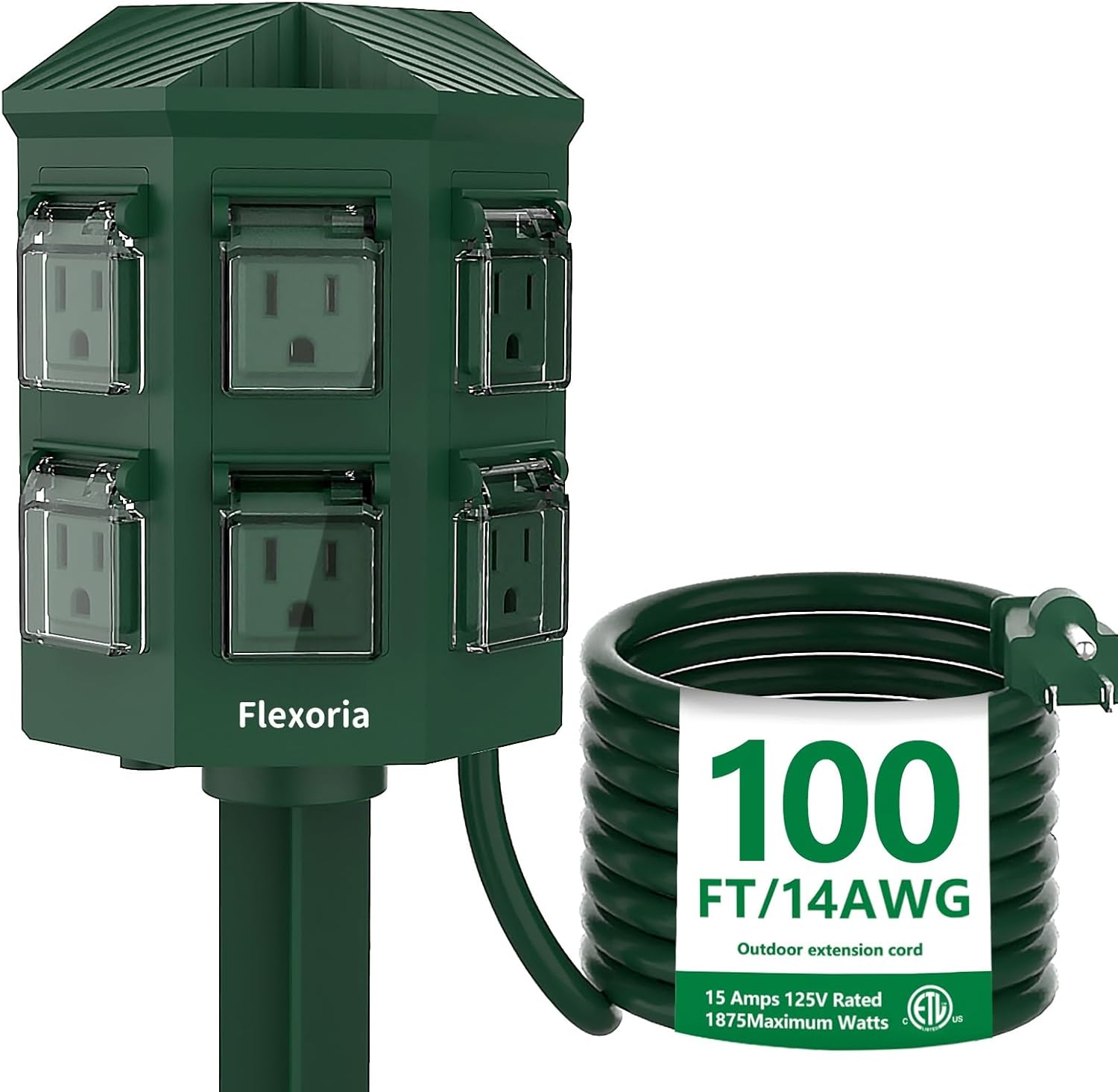 Detalle de Flexoria Outdoor Power Strip Waterproof 100 FT Heavy Duty Extension Cord with 6 Grounded Outlets