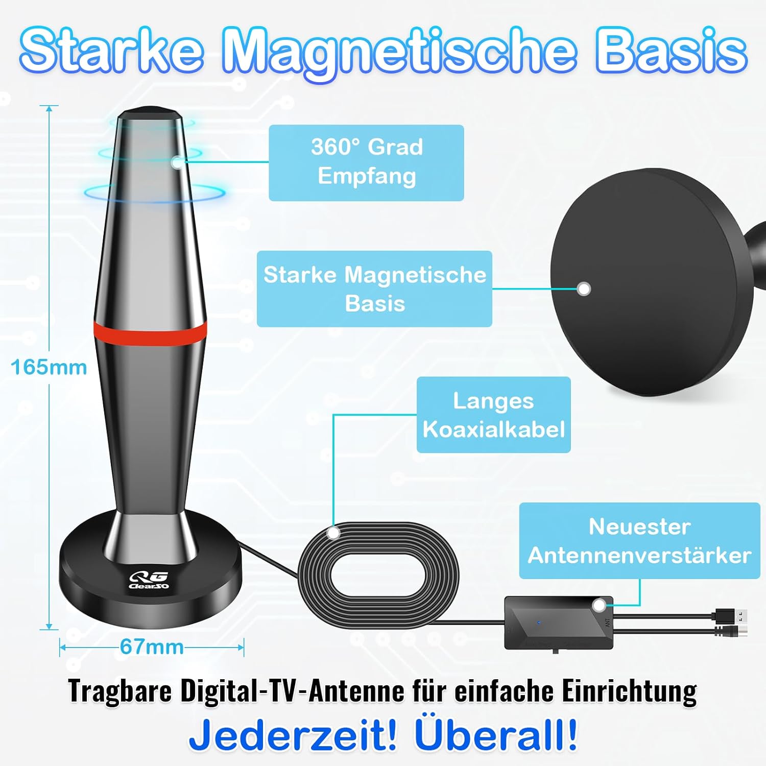 Detalle de QGClearSO DVB-T/DVB-T2 Antenne 360° mit Verstärker und magnetischem Standfuß
