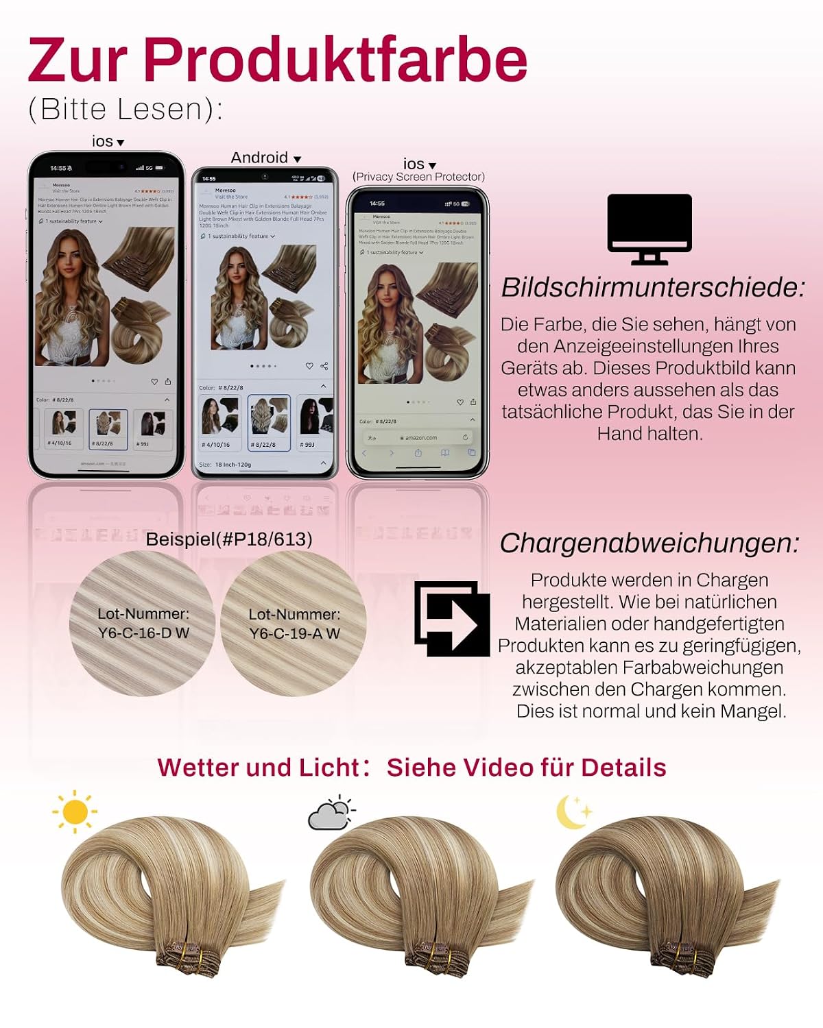 Thumbnail 6 de Moresoo Clip-in Echthaar Extensions: Wurzelbraun zu Hellbraun mit Platinblond, 50 cm – 5 Stück, 80 g