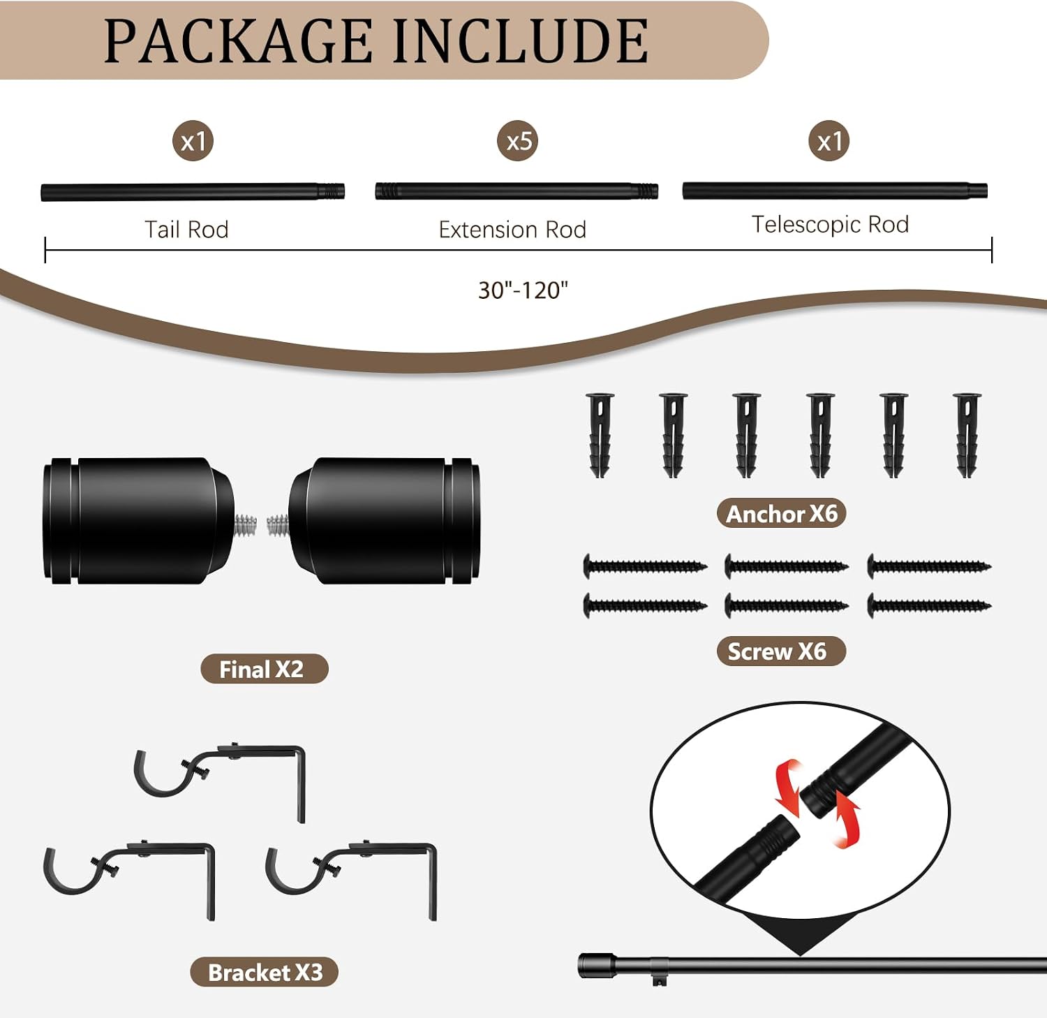 Detalle 2 de Edidonson CR30120Bl1P 1-Inch Matte Black Adjustable Curtain Rod