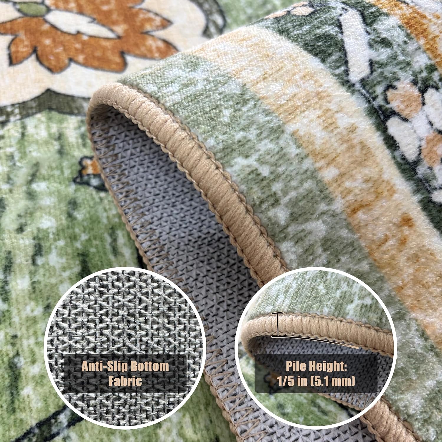 Detalle de YARNSCAPE Area-Rug 5' x 7' Washable Low-Pile Rug, Non-Slip, Sage Green