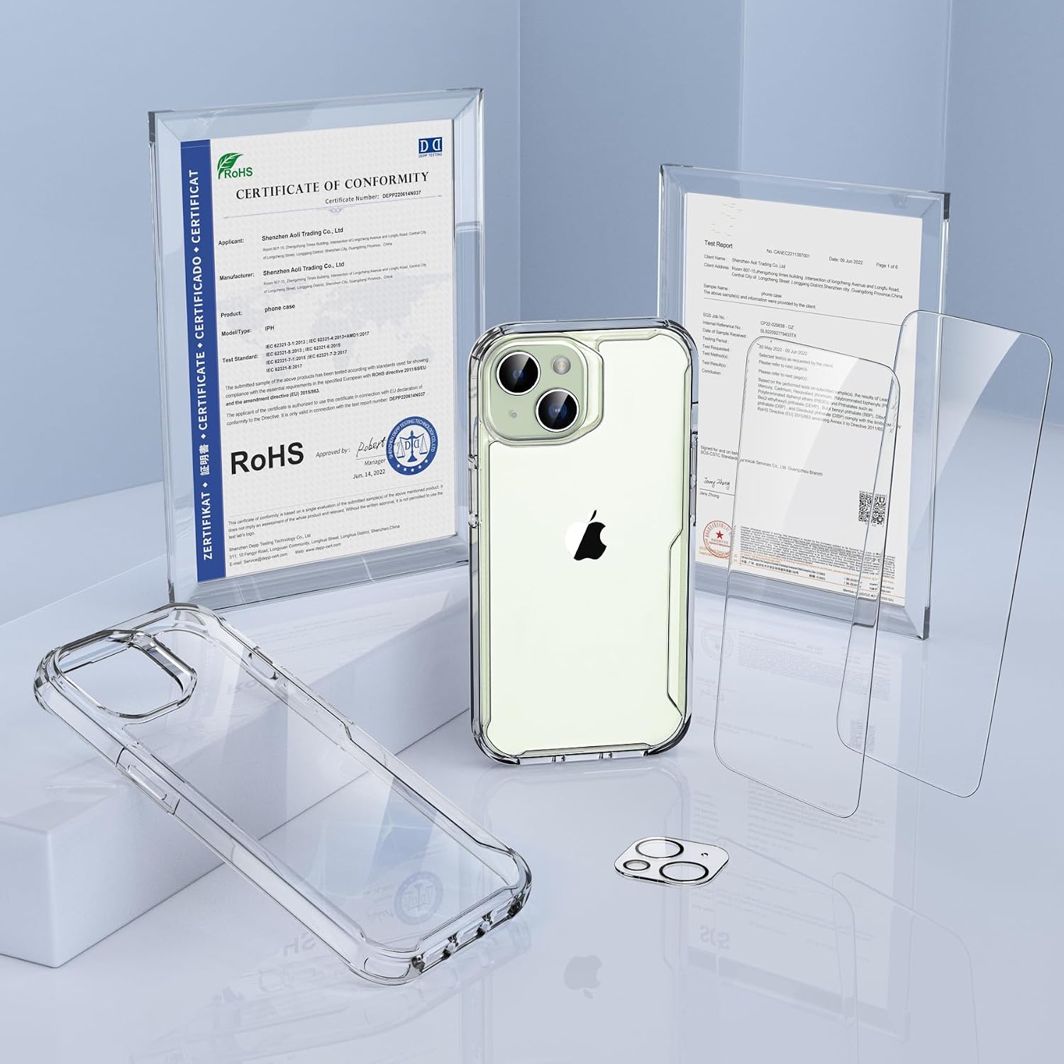 Detalle de ORETECH Cover per iPhone 15: custodia ibrida trasparente 6,1" + vetro temperato e protezione fotocamera