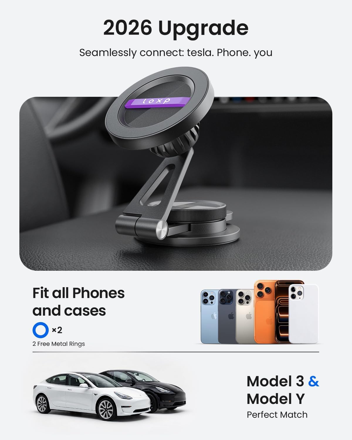 Detalle de LOXP Upgrade Tesla Phone Mount: Strong Magnetic, Foldable Aluminum Car Mount for Model 3/Y and Juniper, 360° Rotating iPhone 17 Pro Max Ready