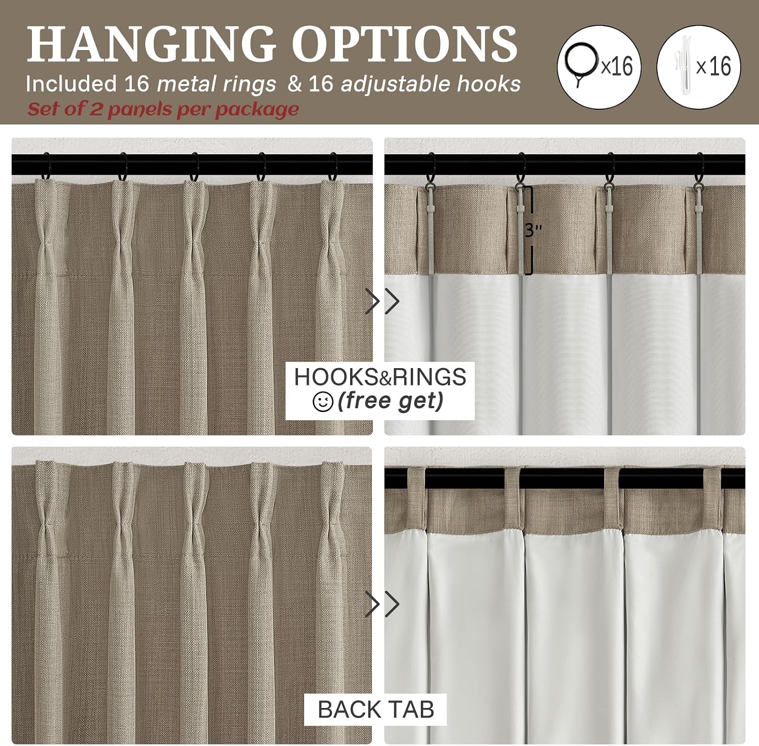 Detalle de LuxuNap 102-Inch Blackout Curtains, Linen Blend, Pinch-Pleated, 2 Panels