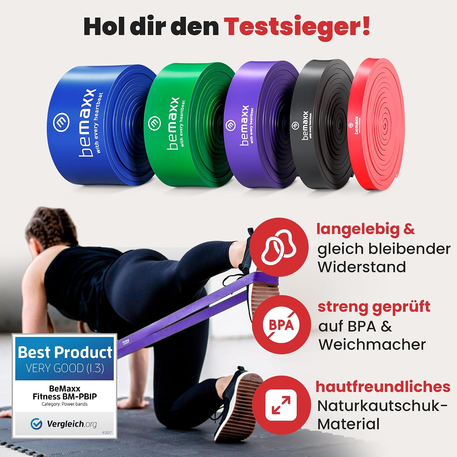 Detalle de Fitnessband ROT Klimmzughilfe Widerstandsband (8–16 kg) inkl. Trainings-E-Book