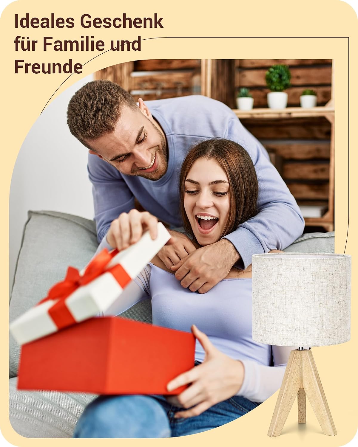 Detalle 2 de EDISHINE Nachttischlampe aus Holz mit E27-Fassung und beigem Leinen-Schirm (36 cm)