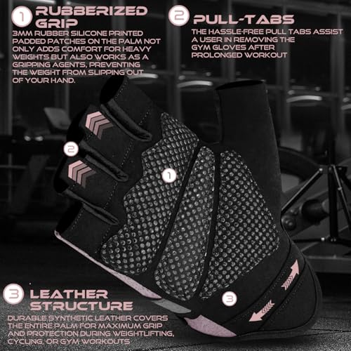Detalle de BEAST RAGE Guantes de Fitness para levantamiento de pesas – transpirables, acolchados de silicona y antideslizantes (S, Rosa)