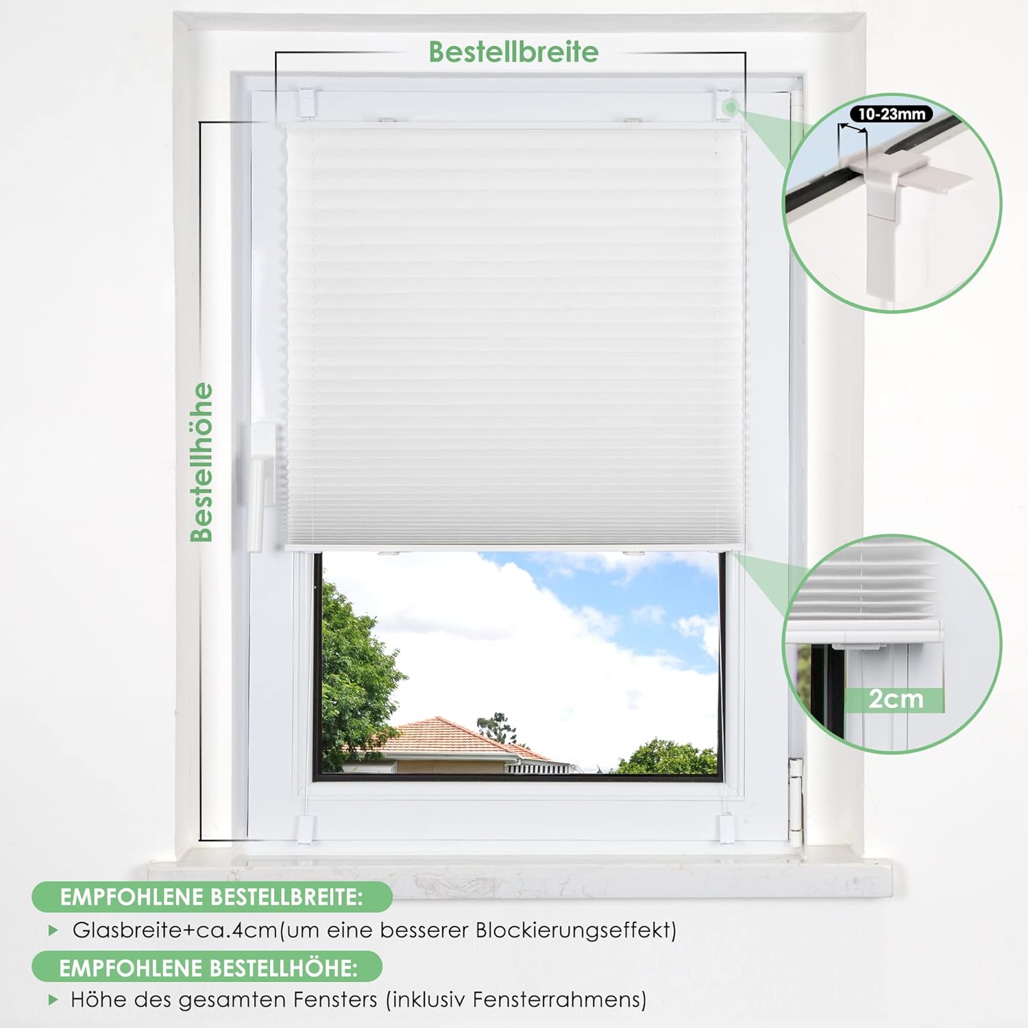 Thumbnail 5 de bobodeco Klemmfix Plissee ohne Bohren „Faltrollo“ Sichtschutz & Sonnenschutz (35x100 cm, Weiß)