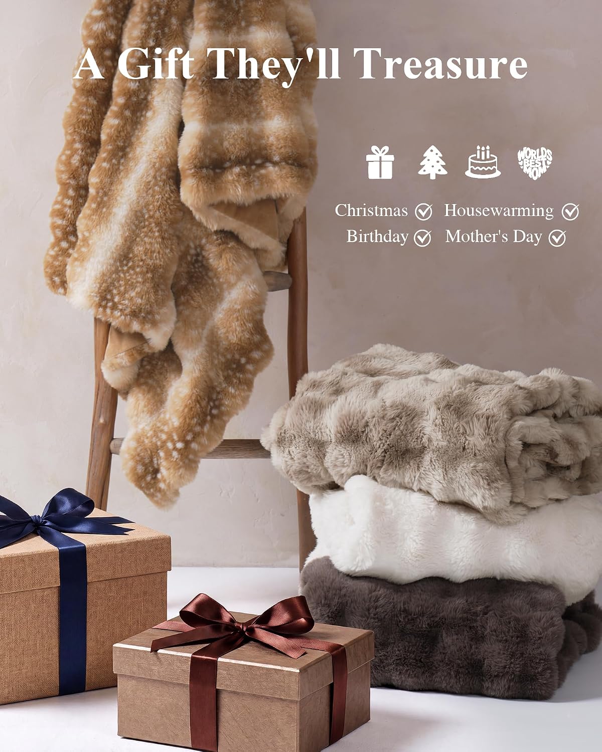 Thumbnail 6 de blunique FFTB Faux Fur Throw Blanket, 50 x 60 in, Tie-Dye Camel