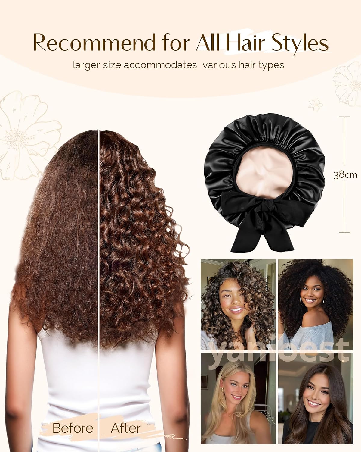 Thumbnail 3 de YANIBEST Adjustable Double Layer Satin Bonnet for Sleeping – Frizz Control & Moisture Retention