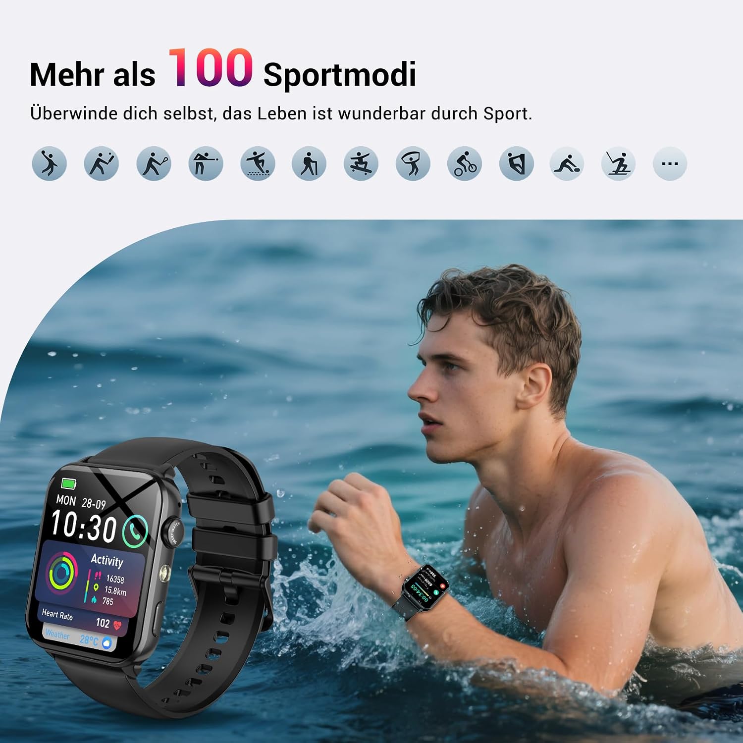 Detalle 2 de IOWODO Smartwatch – Bluetooth Anrufe, SpO2, Schlafüberwachung