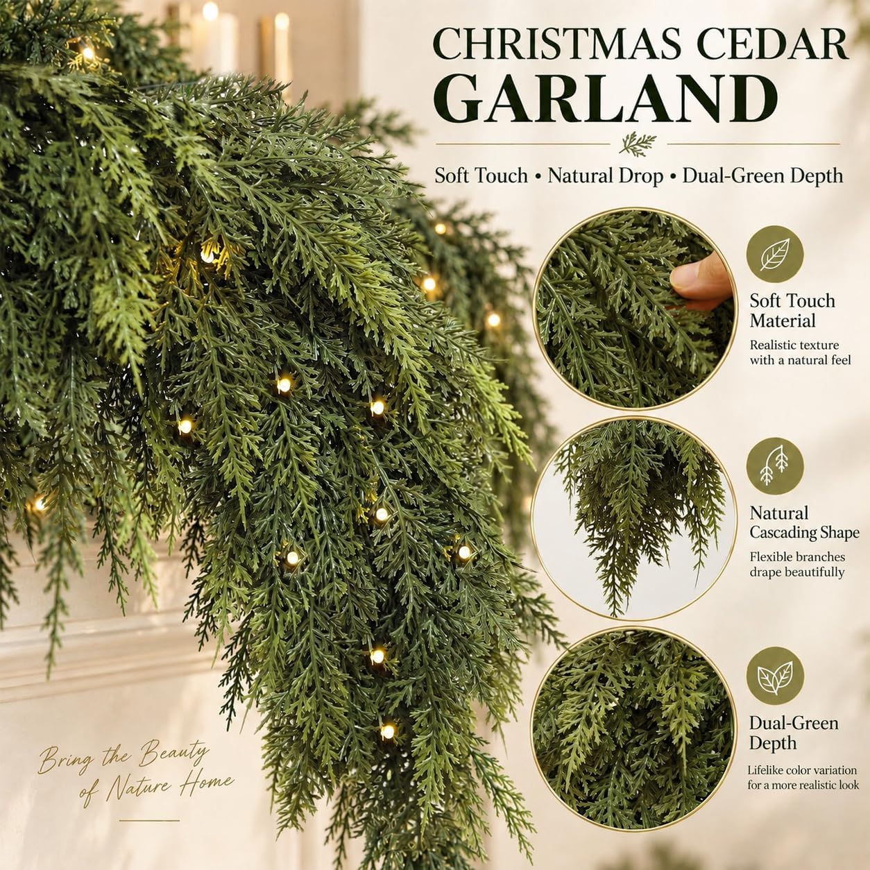 Detalle de Citilya CT2621 9 ft Christmas Cedar Garland with 150+ Branches and Timer Lights