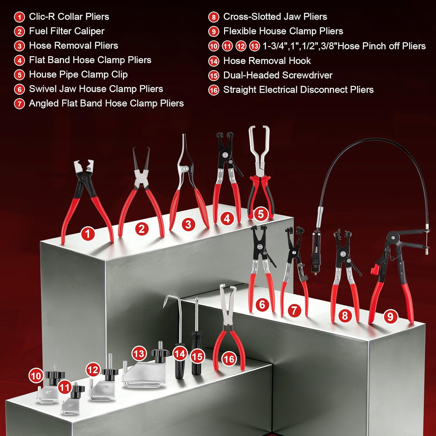 Thumbnail 1 de 16PCS Hose Clamp Pliers Kit — Long Reach, Flexible Wire Tools for Automotive Hose and Electrical Work