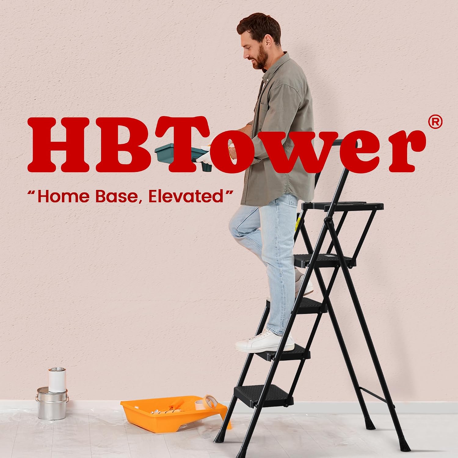 Thumbnail 6 de HBTower TJ014CAH 4-Step Folding Steel Ladder with Tool Platform