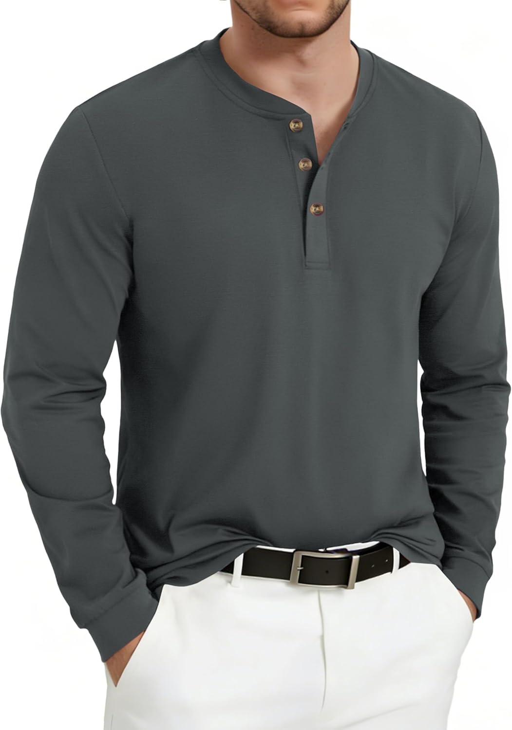 Detalle de KEFITEVD Henley Shirt Herren Langarm aus Baumwolle – Basic mit Henley-Kragen