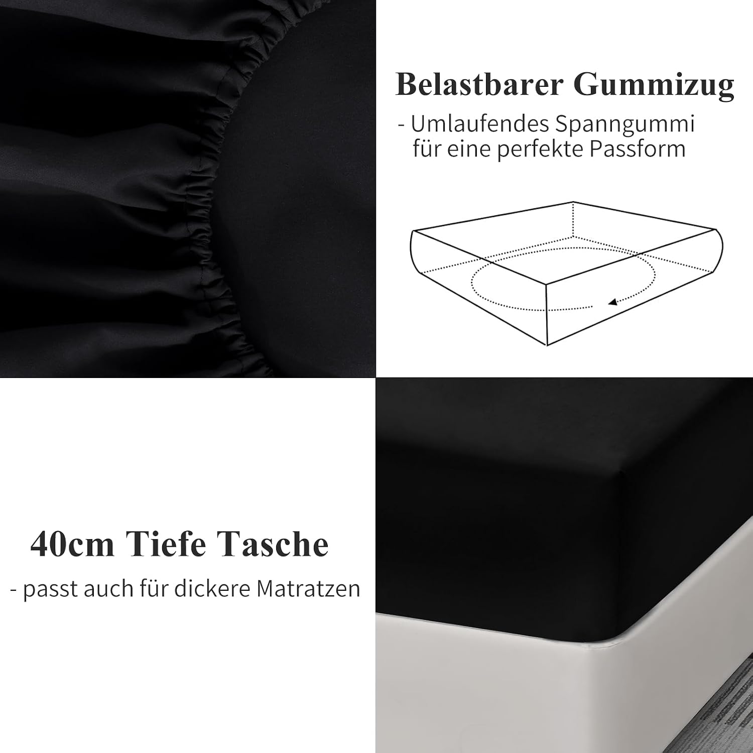 Detalle de Aisbo Spannbettlaken 180x200cm – 40 cm Steghöhe, Mikrofaser, Schwarz