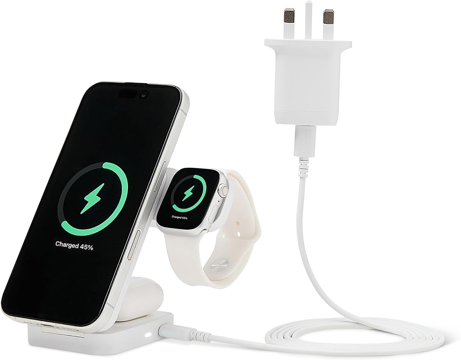 Detalle de Amazon Basics 25W Qi2.2 3-in-1 Wireless Charging Station with Foldable Stand (MagSafe Compatible) for iPhone, Apple Watch and AirPods