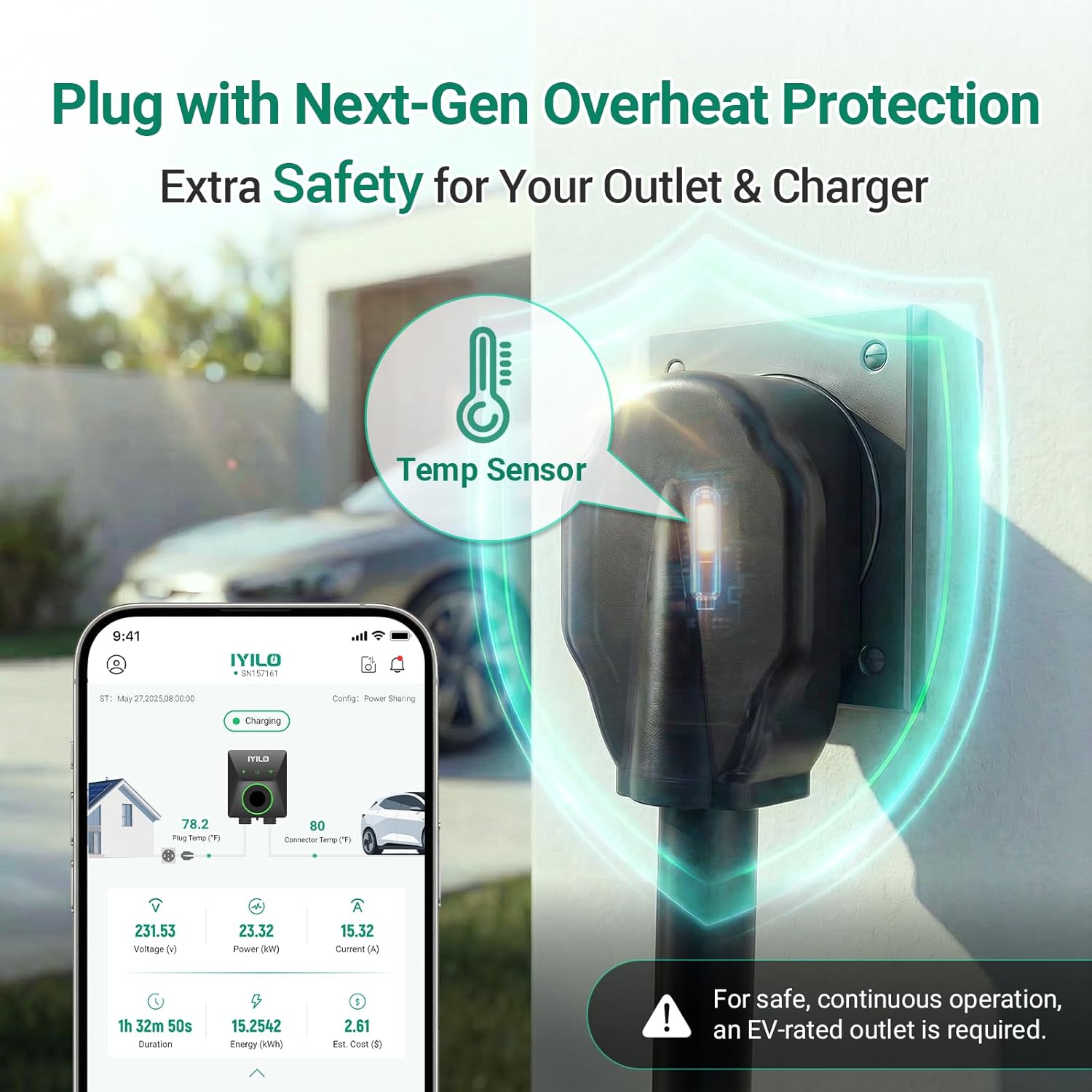 Thumbnail 3 de IYILO Level 2 EV Charger, 40-48A (11.5 kW) with Dual Temp Sensors, Wi‑Fi 2.4 GHz, RFID & App Control