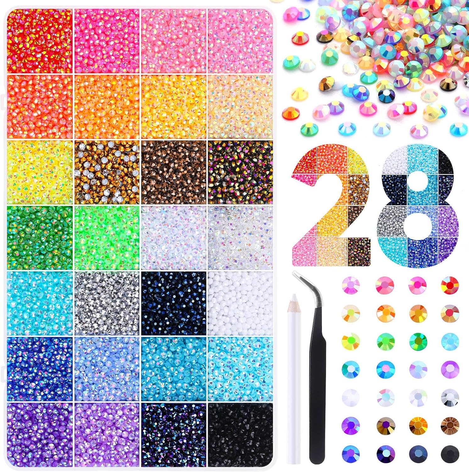 JOLCEEY 34000pcs Nail Art Rhinestones – 28 Colours, 3mm Flat Back Gems with Pick Up Tweezers and Pen