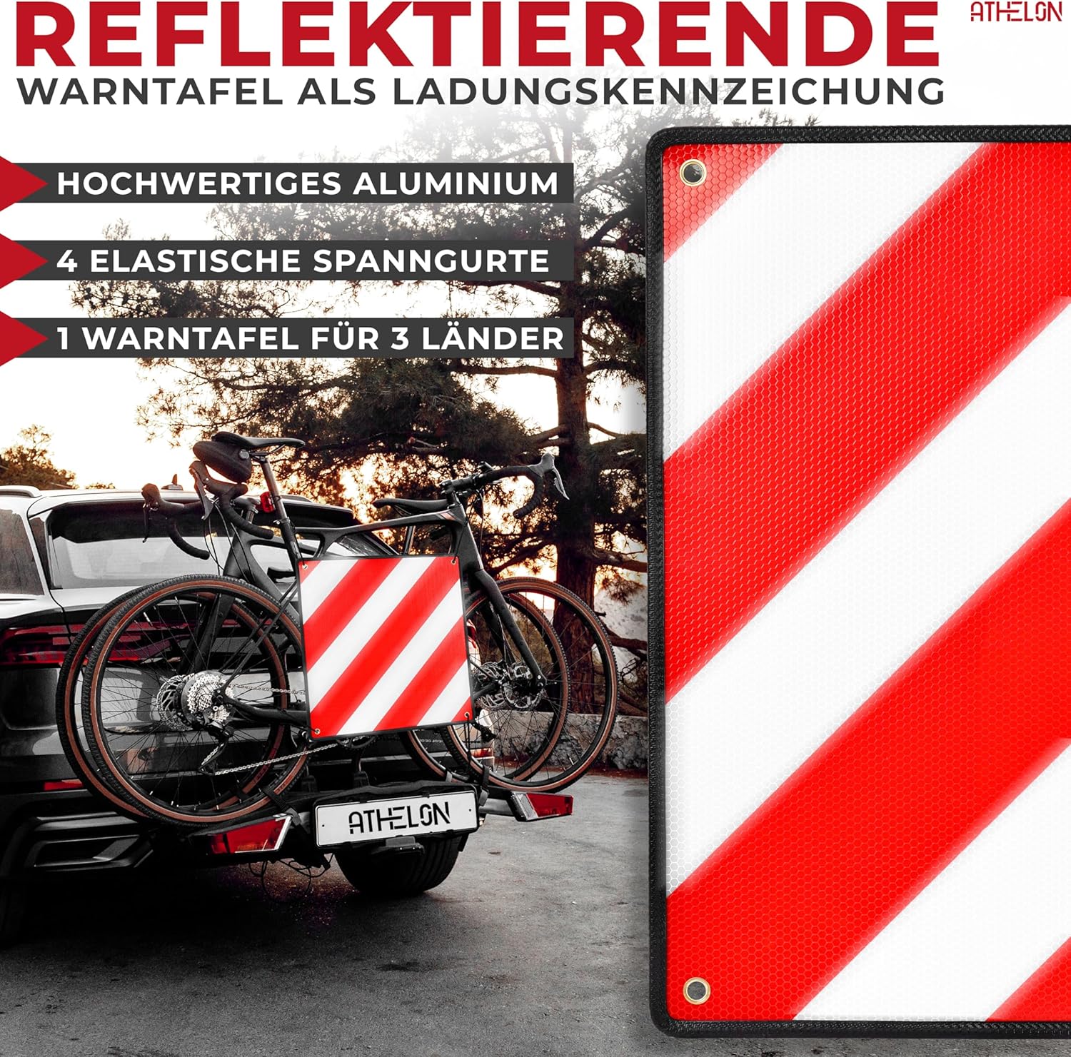 Thumbnail 4 de ATHELON® 3in1 Warntafel für Italien, Spanien & Portugal – reflektierendes Warnschild inkl. 4 Spanngurte & Schutzhülle