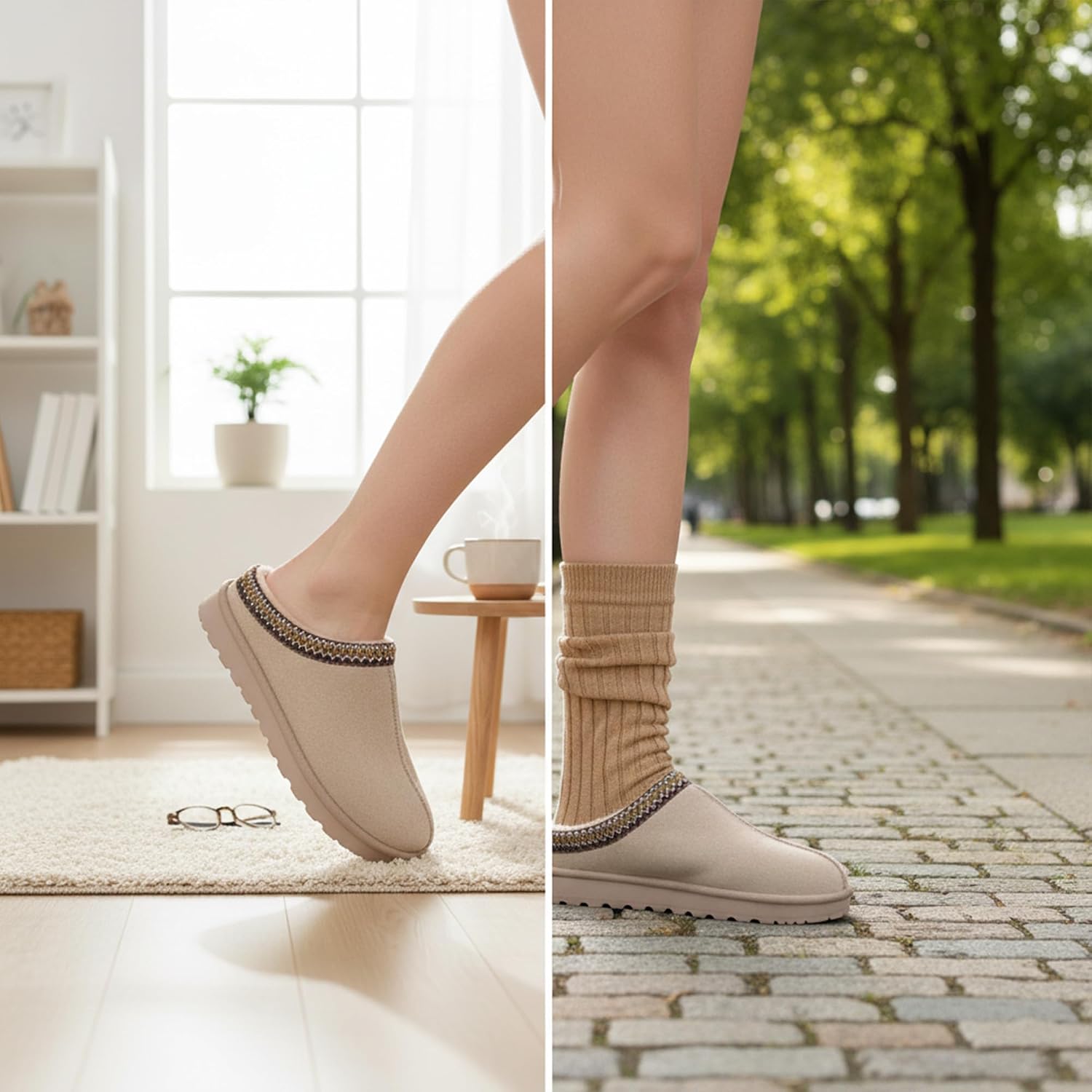 Detalle de JOMIX Chaussons femme hiver d’intérieur en effet daim, doublure douce et semelle antidérapante