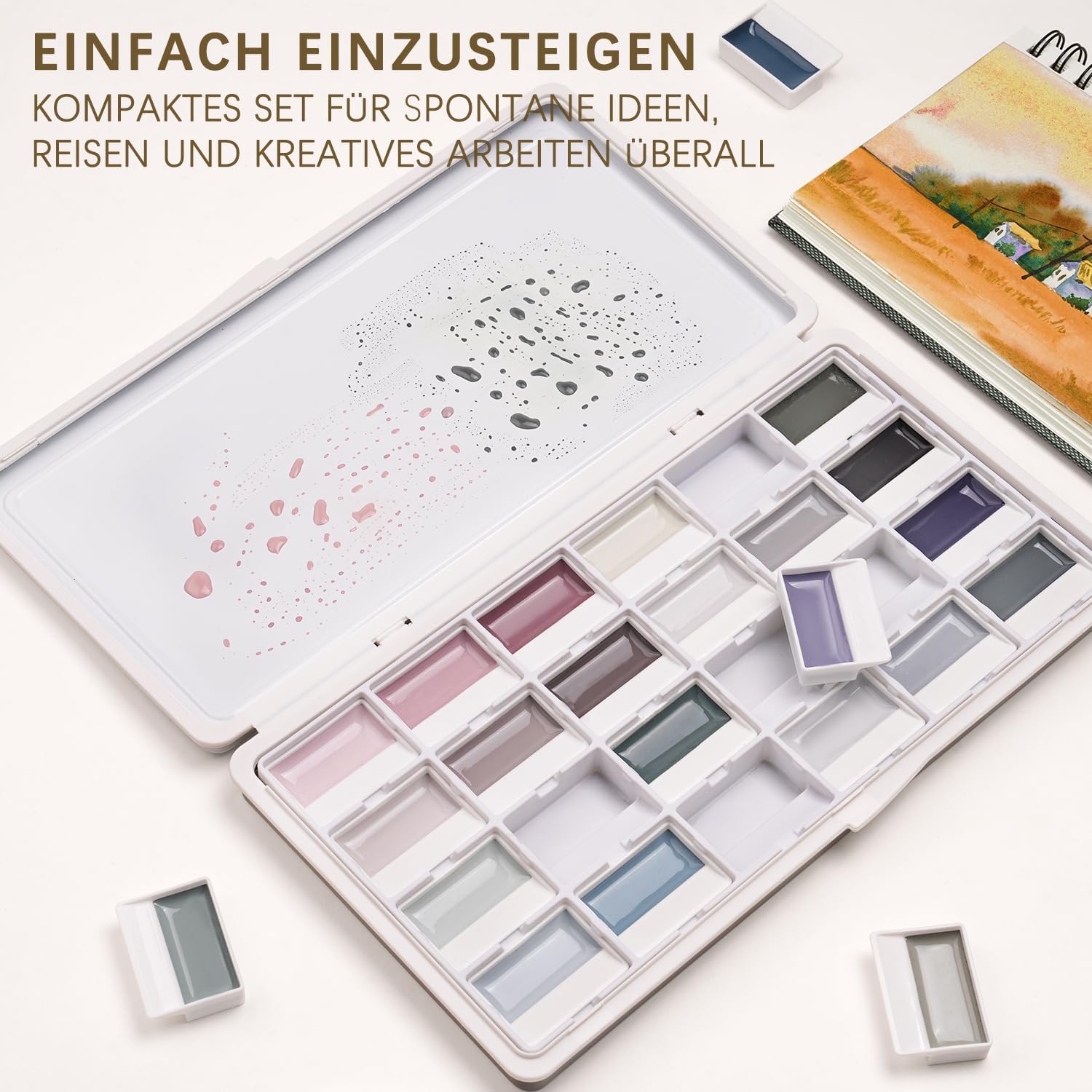 Detalle 2 de Fuumuui Aquarellfarben-Set mit 24 deckenden Farben (halbgetrocknet) inkl. Mischpalette