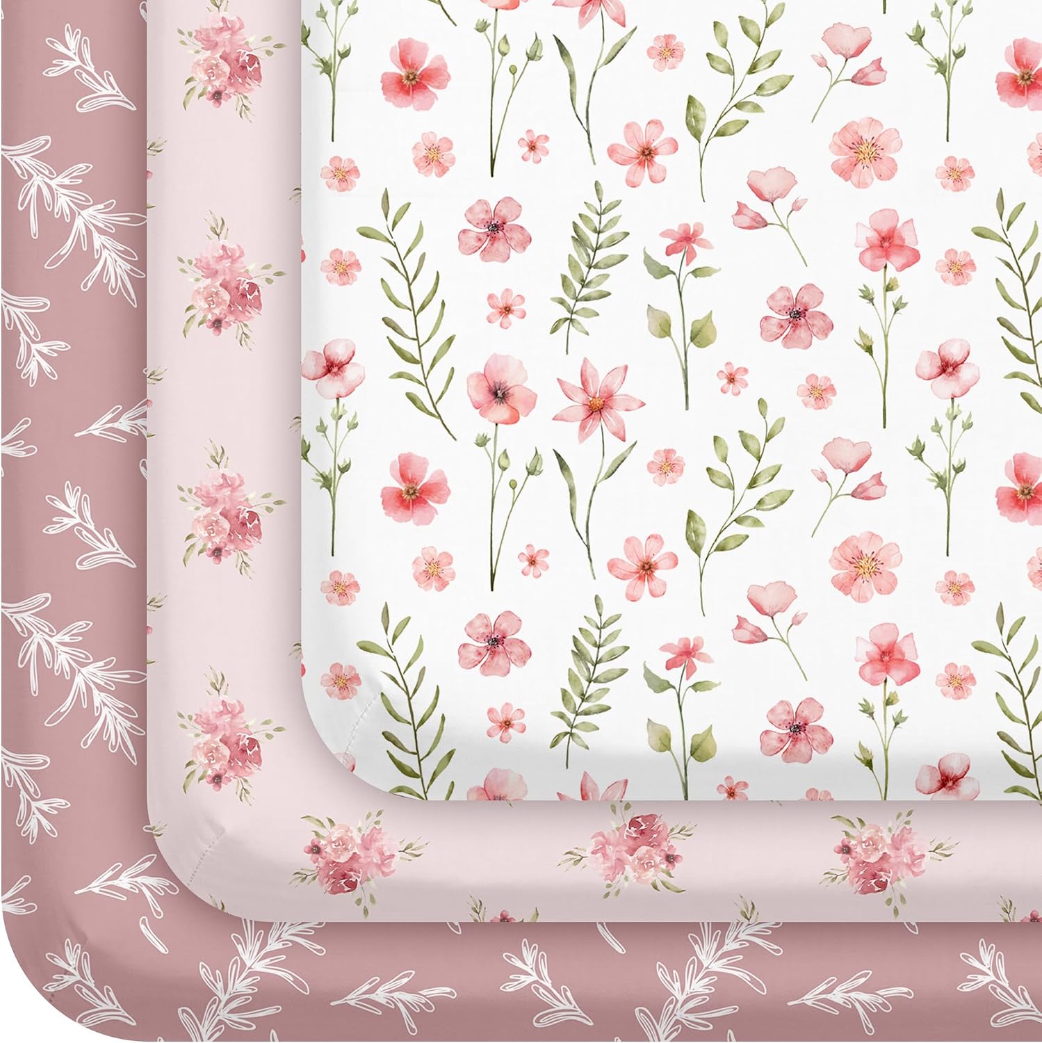 Detalle de CIVARUA KIDS VCLM3001 Pack and Play Sheets, 3-Pack Pink Floral Polyester