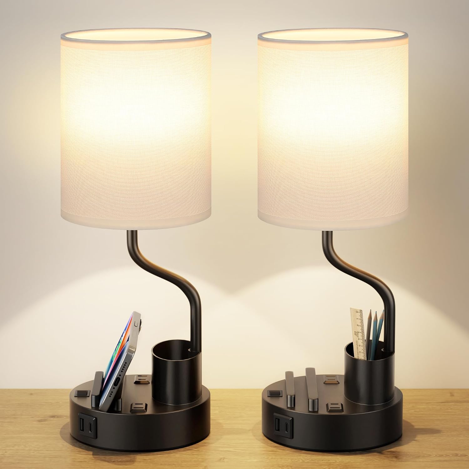 Detalle de Fenmzee Bedside Lamps, Set of 2 with USB-C, AC Outlets and Phone Stands
