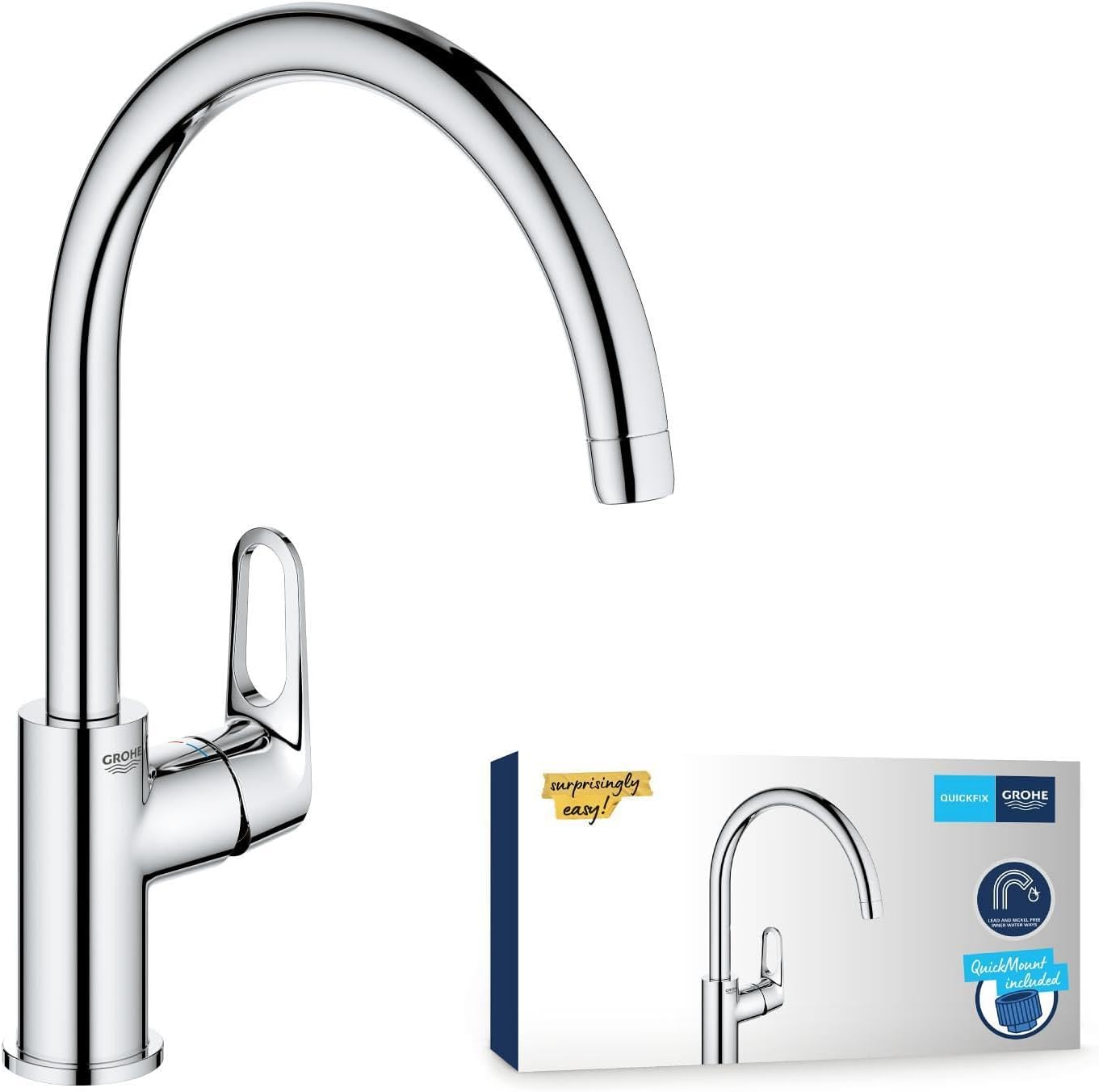 Detalle de GROHE Start Flow Küchenarmatur 31555001 mit hohem Auslauf und 360° Schwenkbereich (chrom)