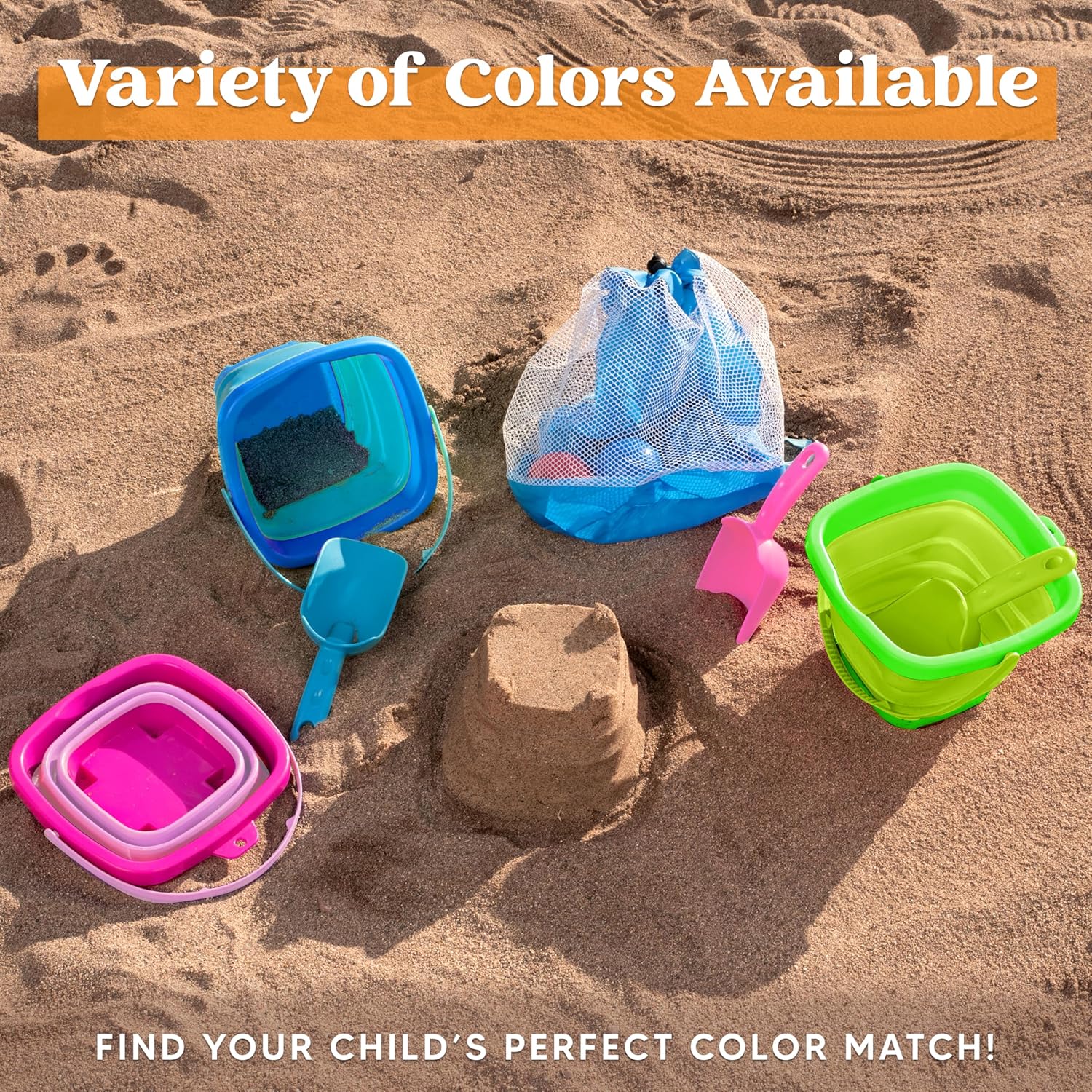 Detalle de Sloosh 3-Pack Collapsible Sand Toys – Square Foldable Pail Buckets with Shovels (Pink/Blue/Green)